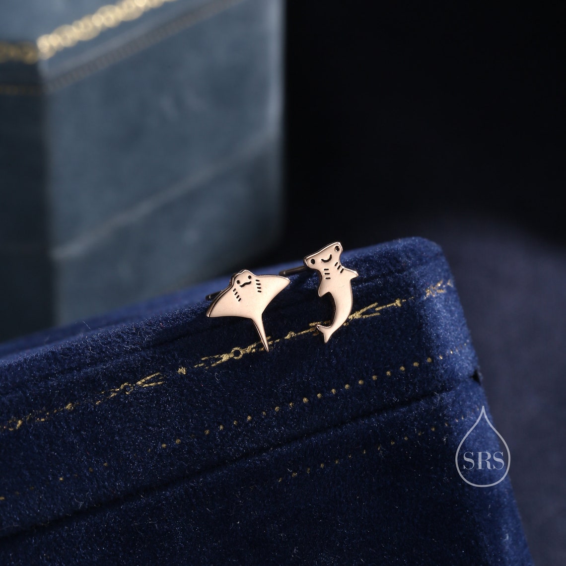 Mismatched Kawaii Hammerhead Shark and Manta Ray Stud Earrings in Sterling Silver, Silver or Gold or Rose Gold,  Asymmetric Fish Earrings, Bundle Available
