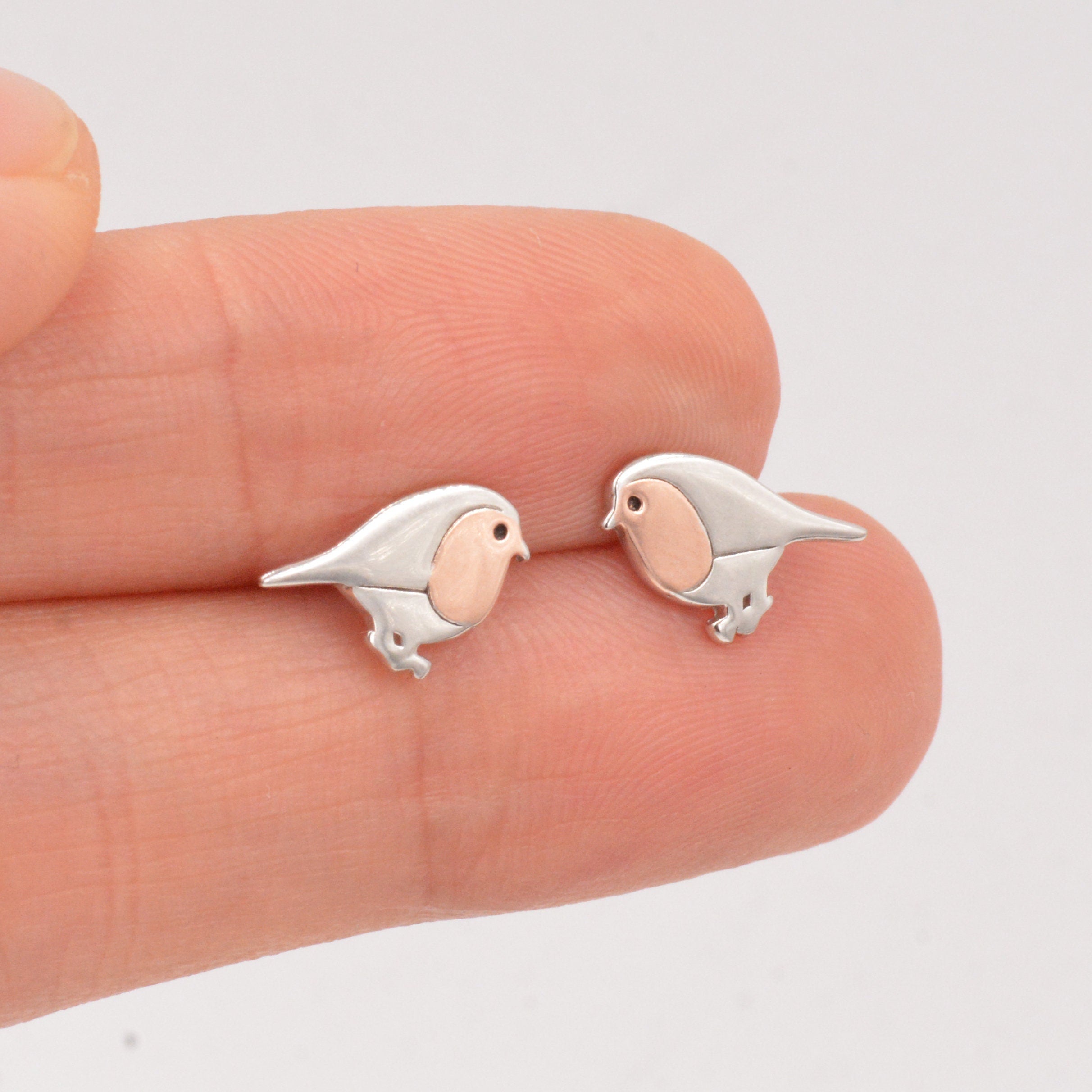 Robin Bird Stud Earrings in Sterling Silver, Silver Bird Earrings, Silver and Rose Gold, Nature Inspired, Christmas, Bundle Available