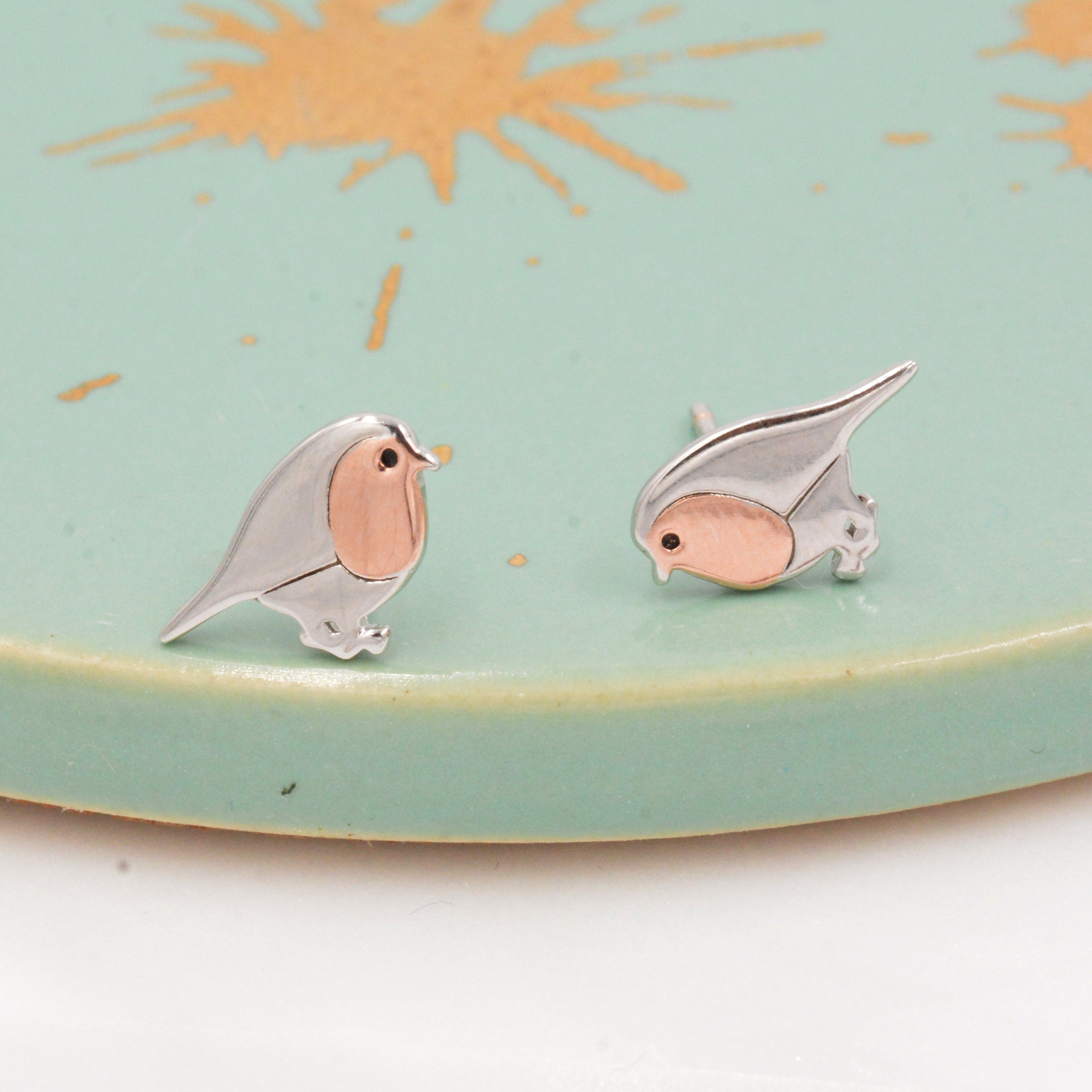Robin Bird Stud Earrings in Sterling Silver, Silver Bird Earrings, Silver and Rose Gold, Nature Inspired, Christmas, Bundle Available