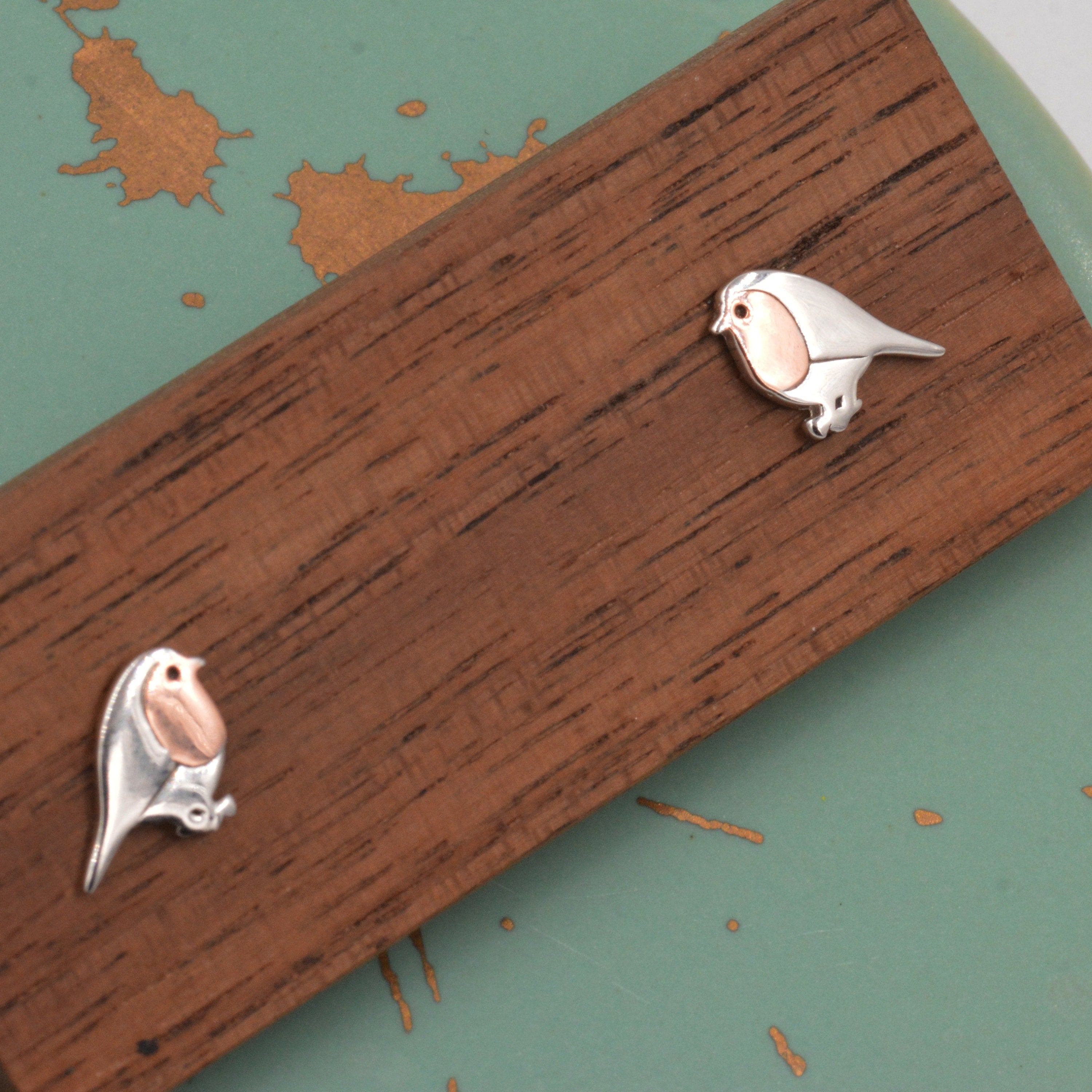 Robin Bird Stud Earrings in Sterling Silver, Silver Bird Earrings, Silver and Rose Gold, Nature Inspired, Christmas, Bundle Available