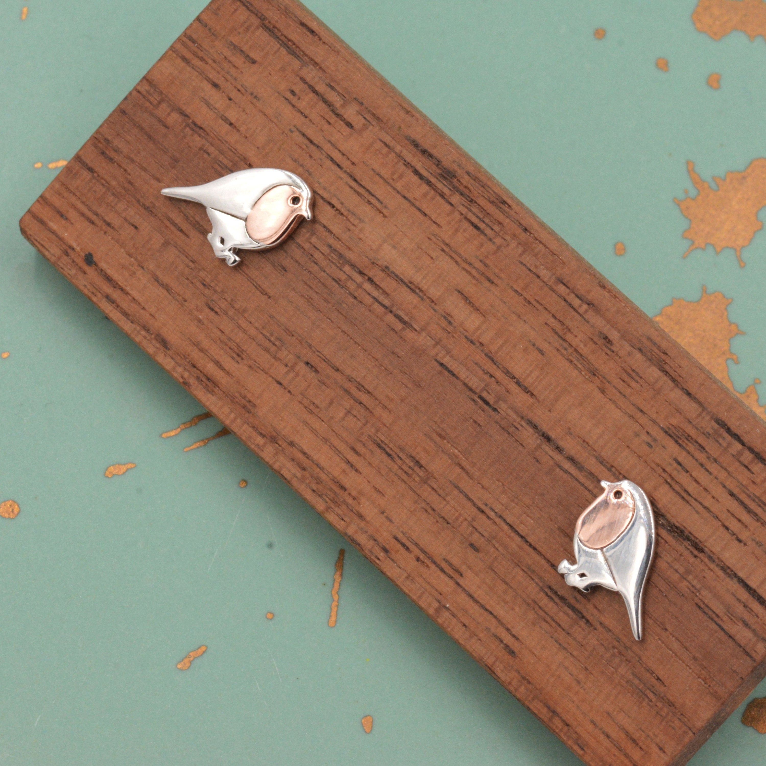 Robin Bird Stud Earrings in Sterling Silver, Silver Bird Earrings, Silver and Rose Gold, Nature Inspired, Christmas, Bundle Available
