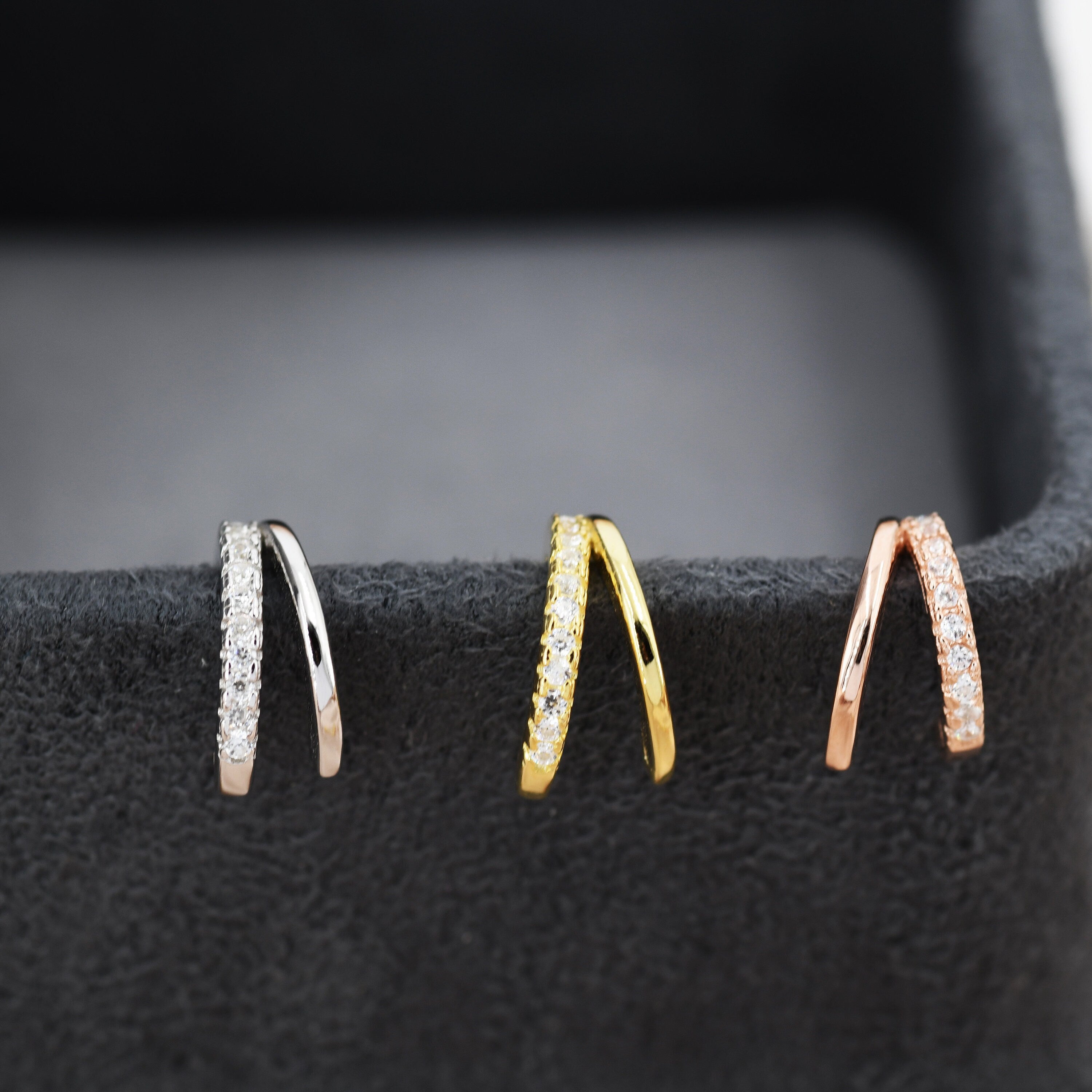 Double Hoop Effect Earrings in Sterling Silver, CZ Pave Hoop Earrings, Silver, Gold, Rose Gold, Dainty and Delicate