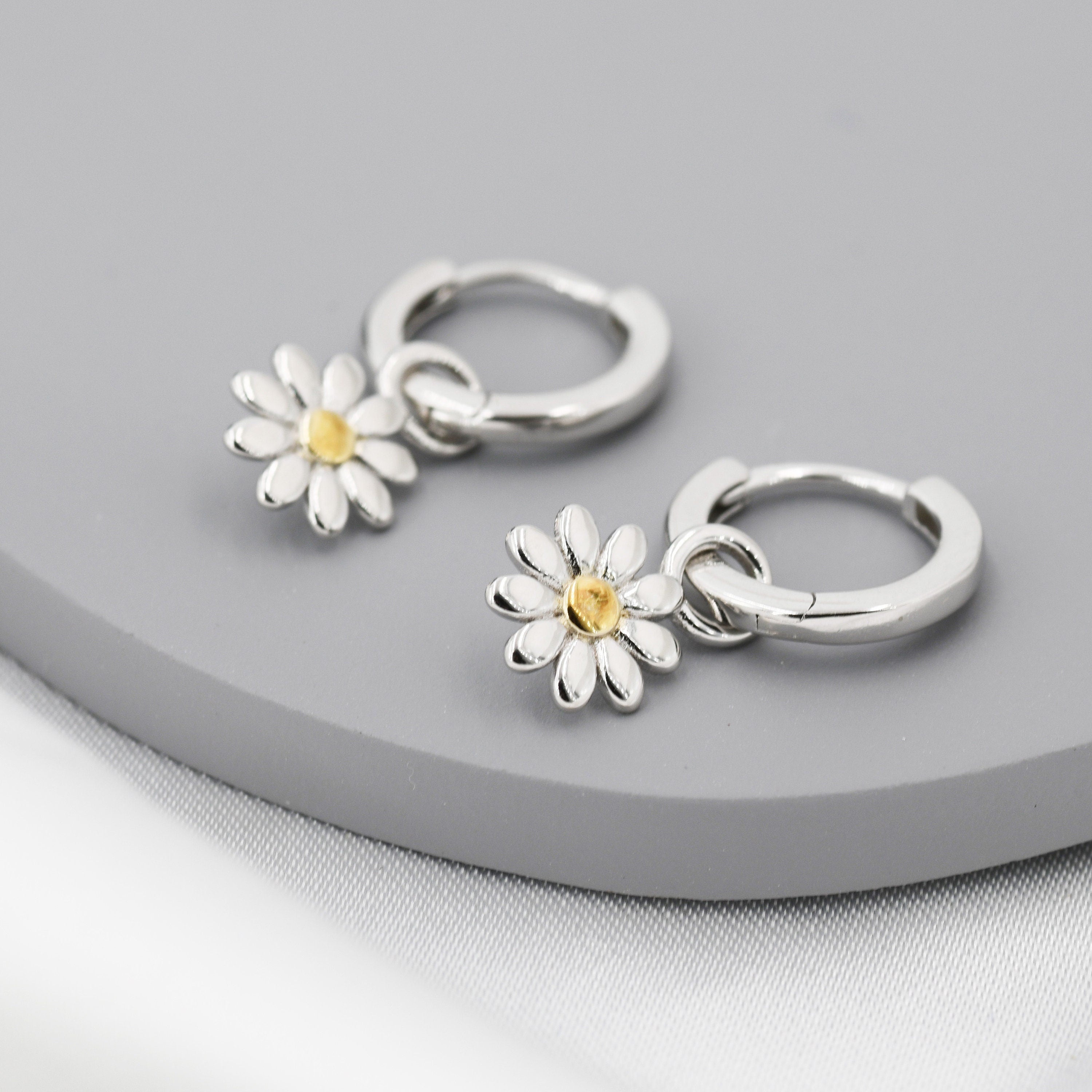 Little Daisy Flower Charmed Hoop Earrings in Sterling Silver - Cute Flower Blossom Huggie Hoop Earrings  -   Fun, Whimsical