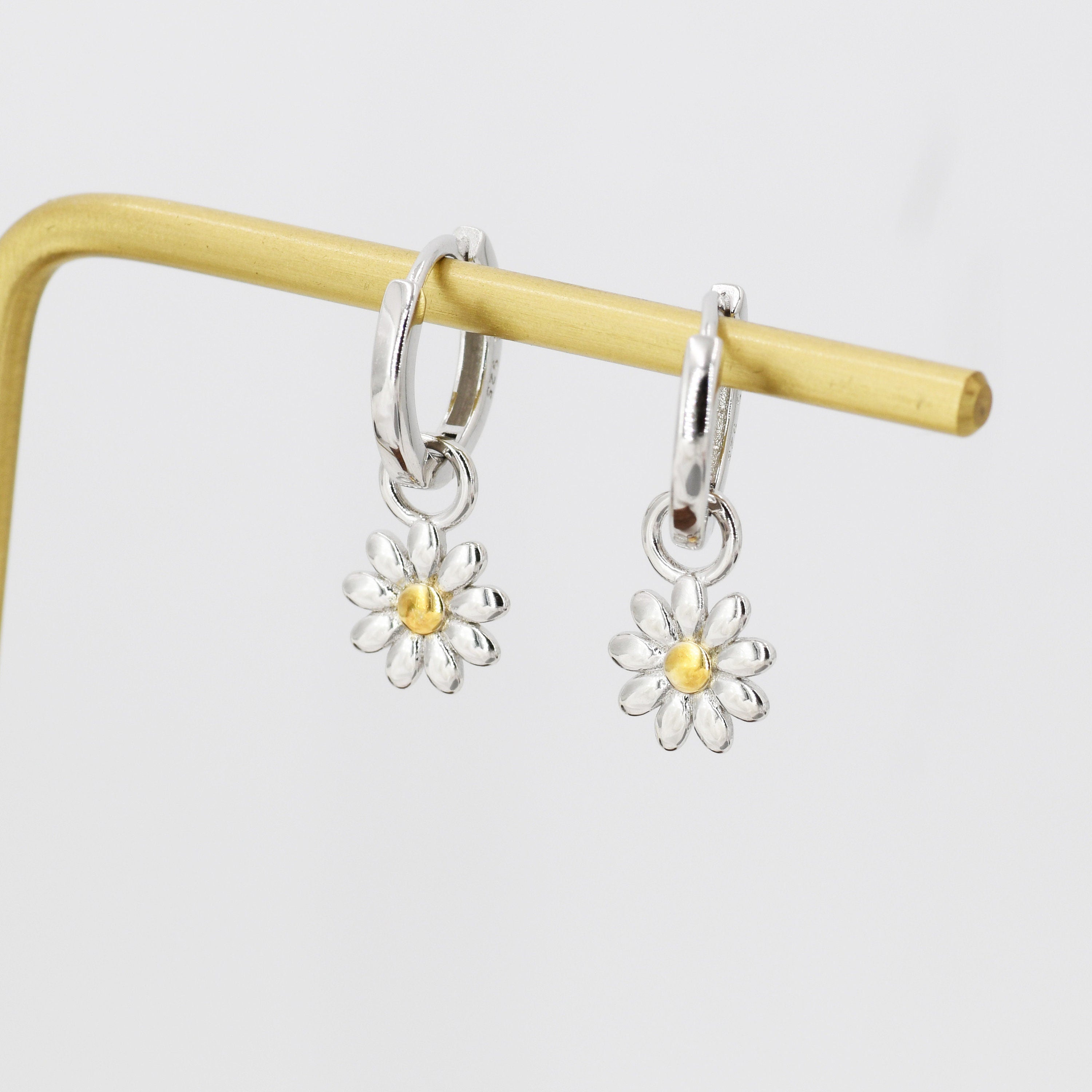 Little Daisy Flower Charmed Hoop Earrings in Sterling Silver - Cute Flower Blossom Huggie Hoop Earrings  -   Fun, Whimsical