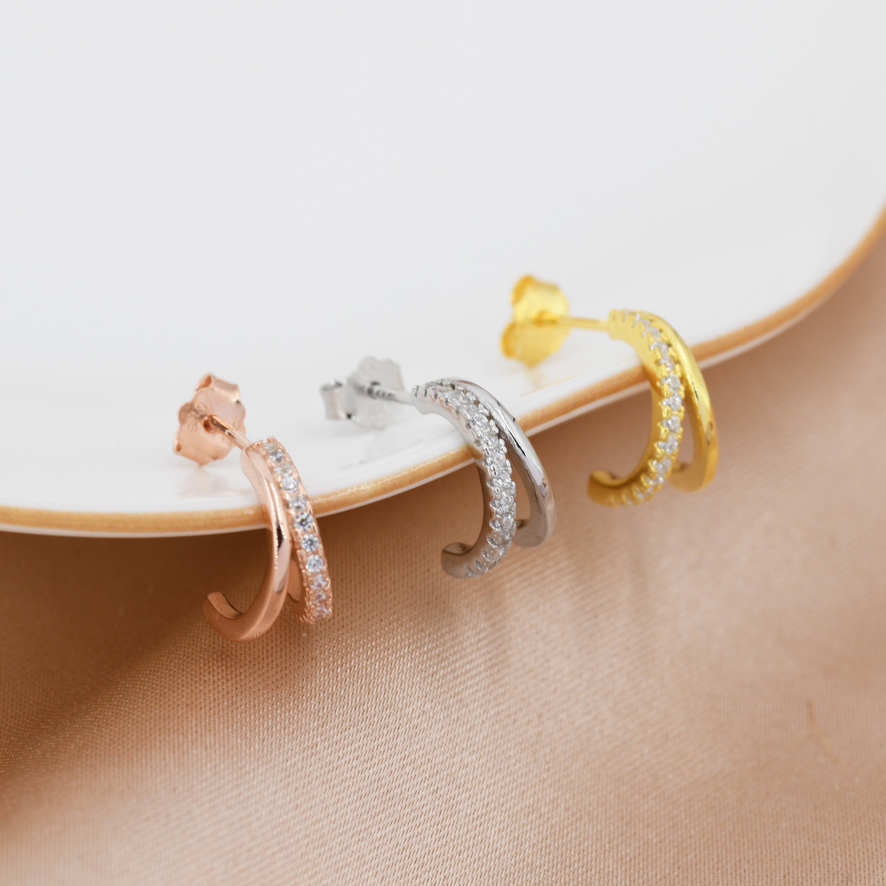 Double Hoop Effect Earrings in Sterling Silver, CZ Pave Hoop Earrings, Silver, Gold, Rose Gold, Dainty and Delicate