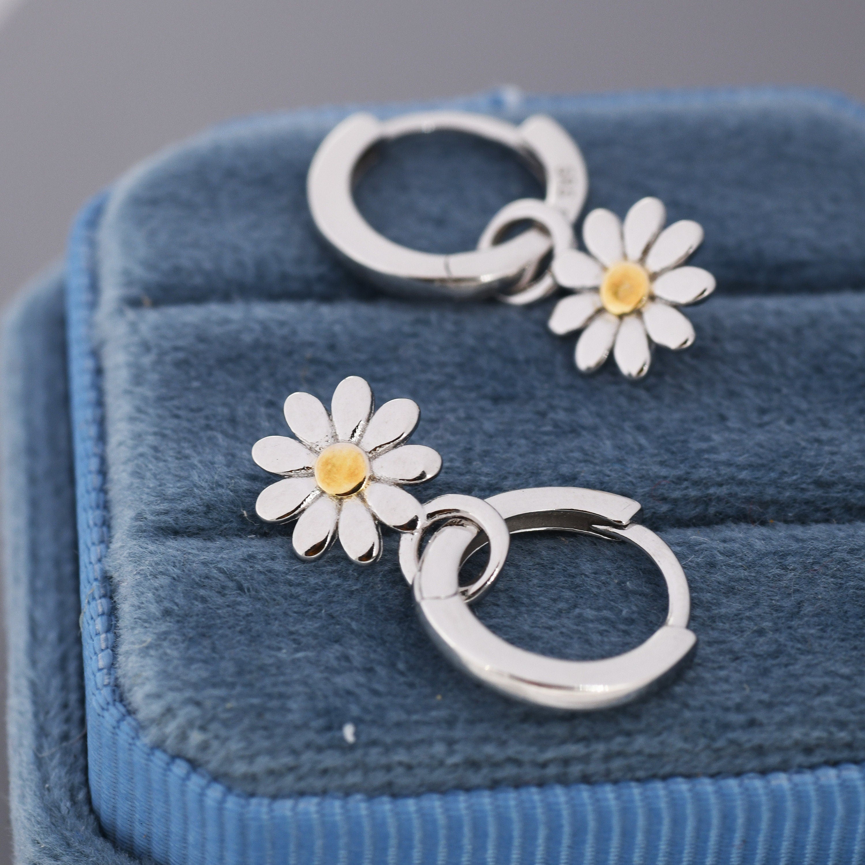 Little Daisy Flower Charmed Hoop Earrings in Sterling Silver - Cute Flower Blossom Huggie Hoop Earrings  -   Fun, Whimsical
