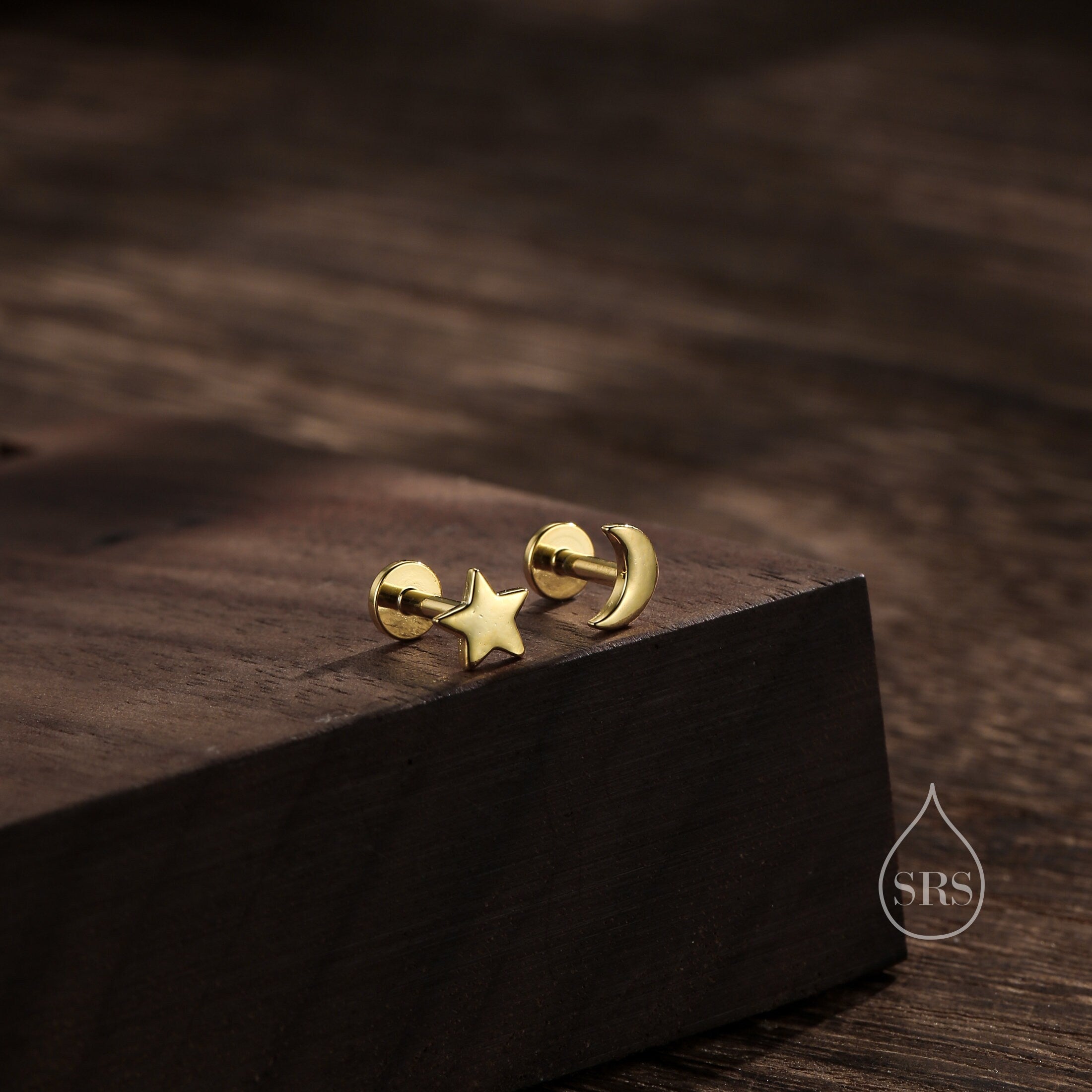 Mismatched Moon and Star Flat Back Earrings in Sterling Silver, Asymmetric Star and Moon Earrings, Piercing Jewellery