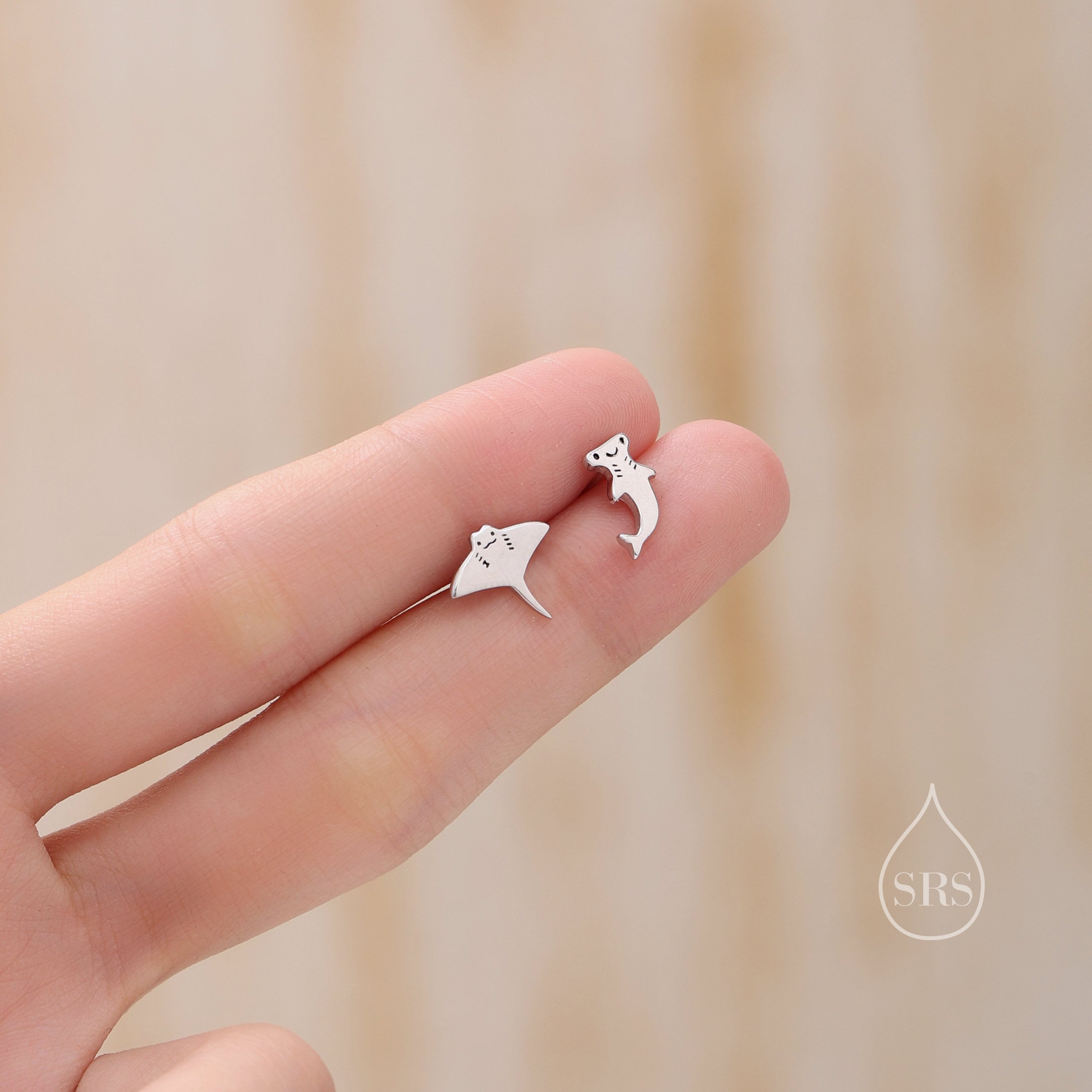 Mismatched Kawaii Hammerhead Shark and Manta Ray Stud Earrings in Sterling Silver, Silver or Gold or Rose Gold,  Asymmetric Fish Earrings, Bundle Available
