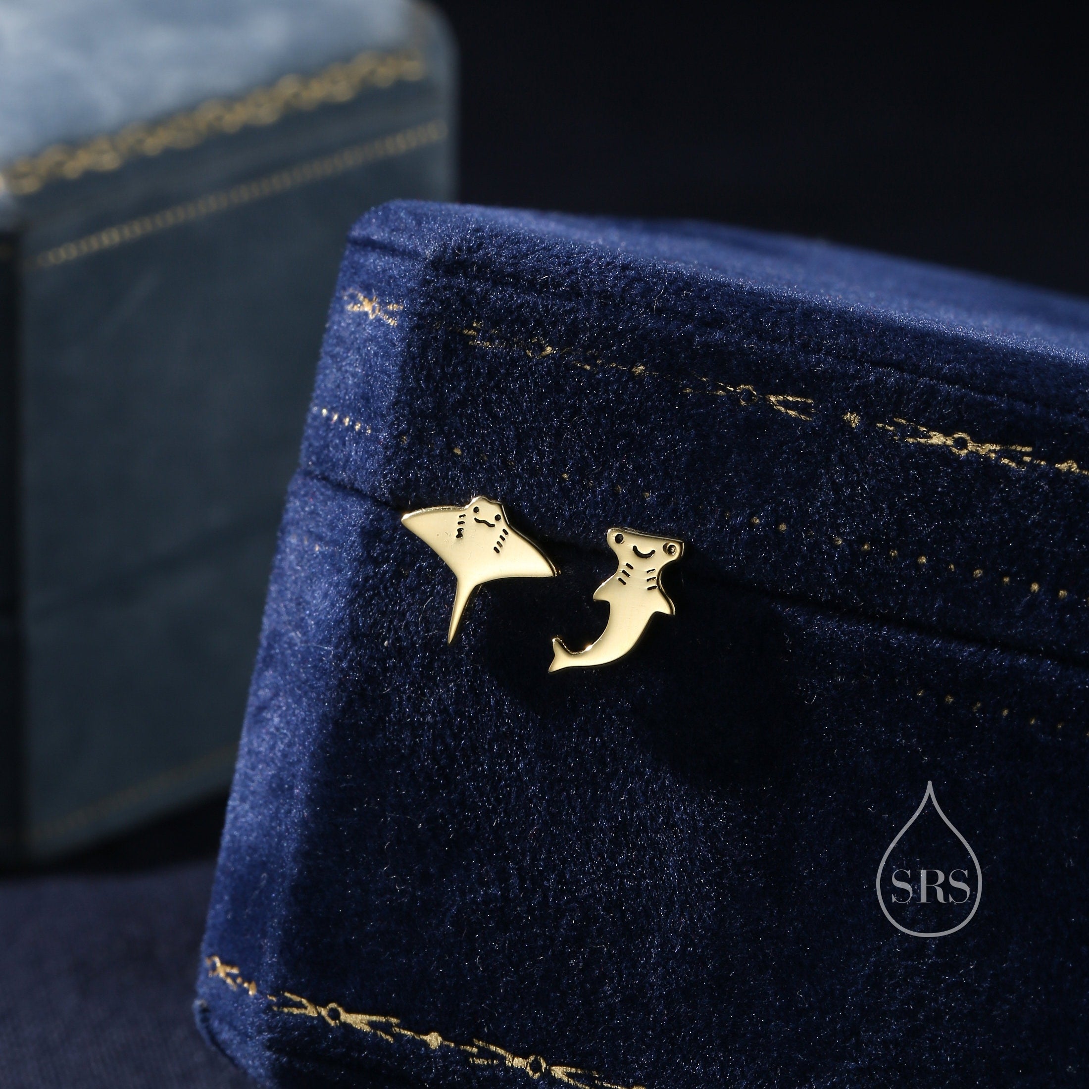 Mismatched Kawaii Hammerhead Shark and Manta Ray Stud Earrings in Sterling Silver, Silver or Gold or Rose Gold,  Asymmetric Fish Earrings, Bundle Available