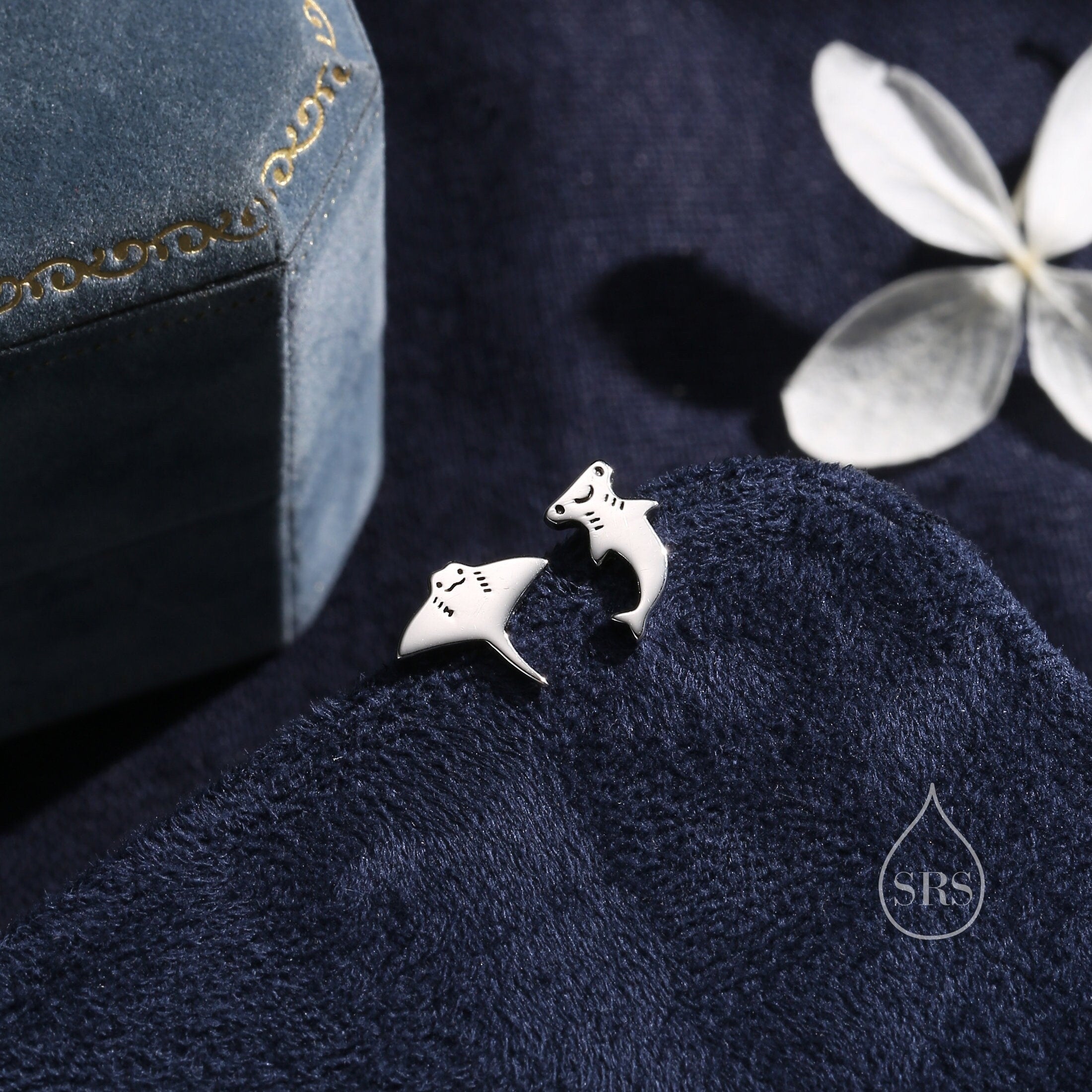 Mismatched Kawaii Hammerhead Shark and Manta Ray Stud Earrings in Sterling Silver, Silver or Gold or Rose Gold,  Asymmetric Fish Earrings, Bundle Available