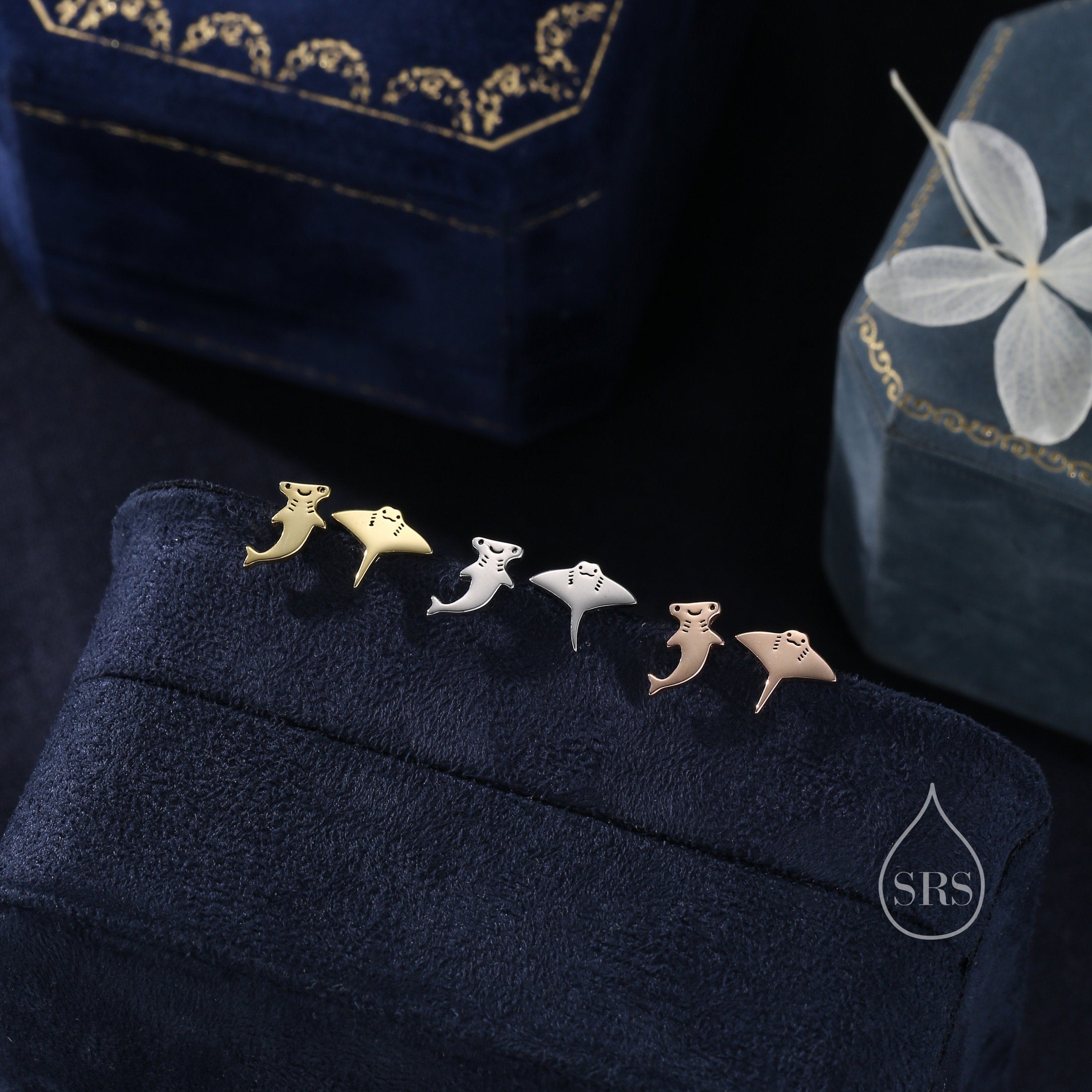 Mismatched Kawaii Hammerhead Shark and Manta Ray Stud Earrings in Sterling Silver, Silver or Gold or Rose Gold,  Asymmetric Fish Earrings, Bundle Available