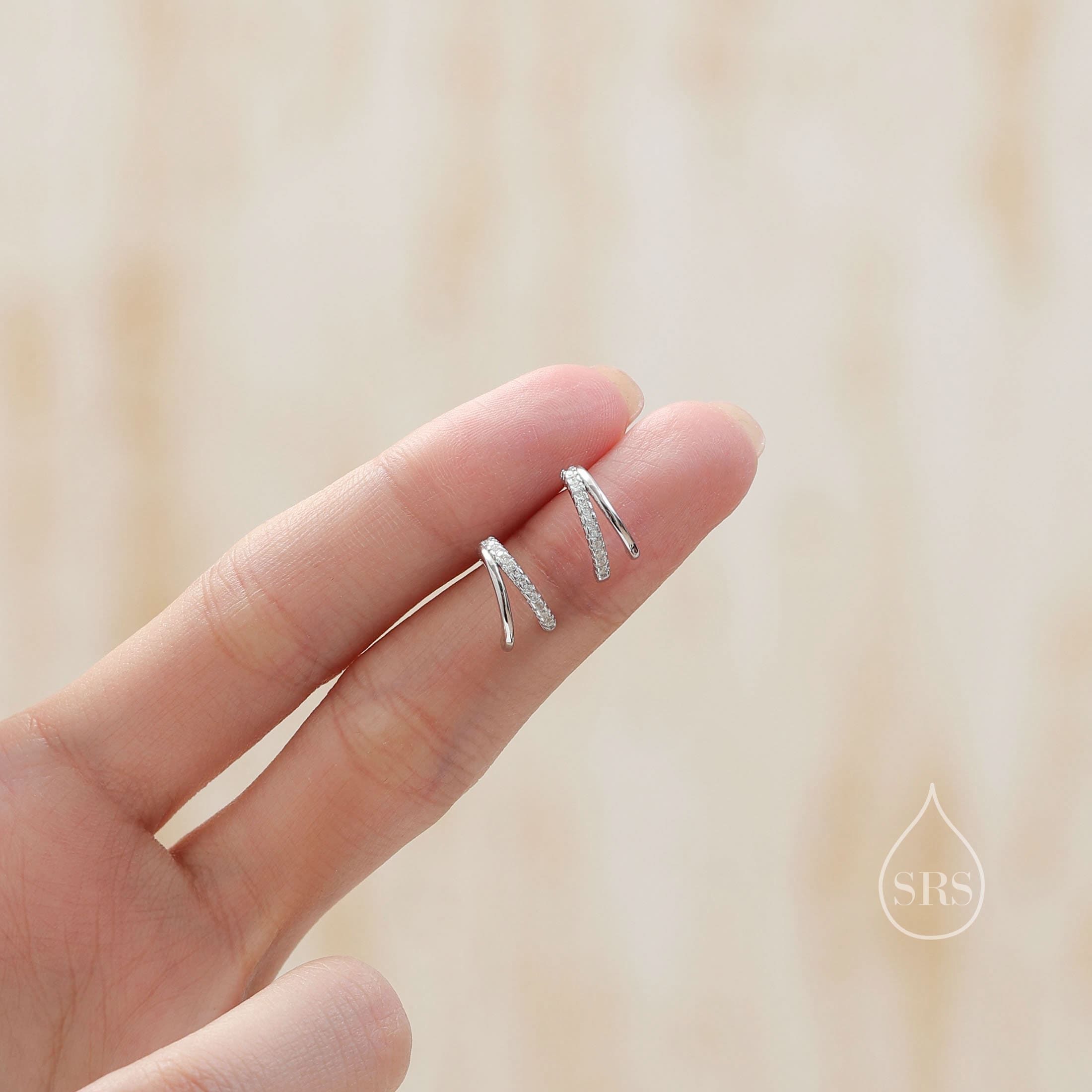 Double Hoop Effect Earrings in Sterling Silver, CZ Pave Hoop Earrings, Silver, Gold, Rose Gold, Dainty and Delicate