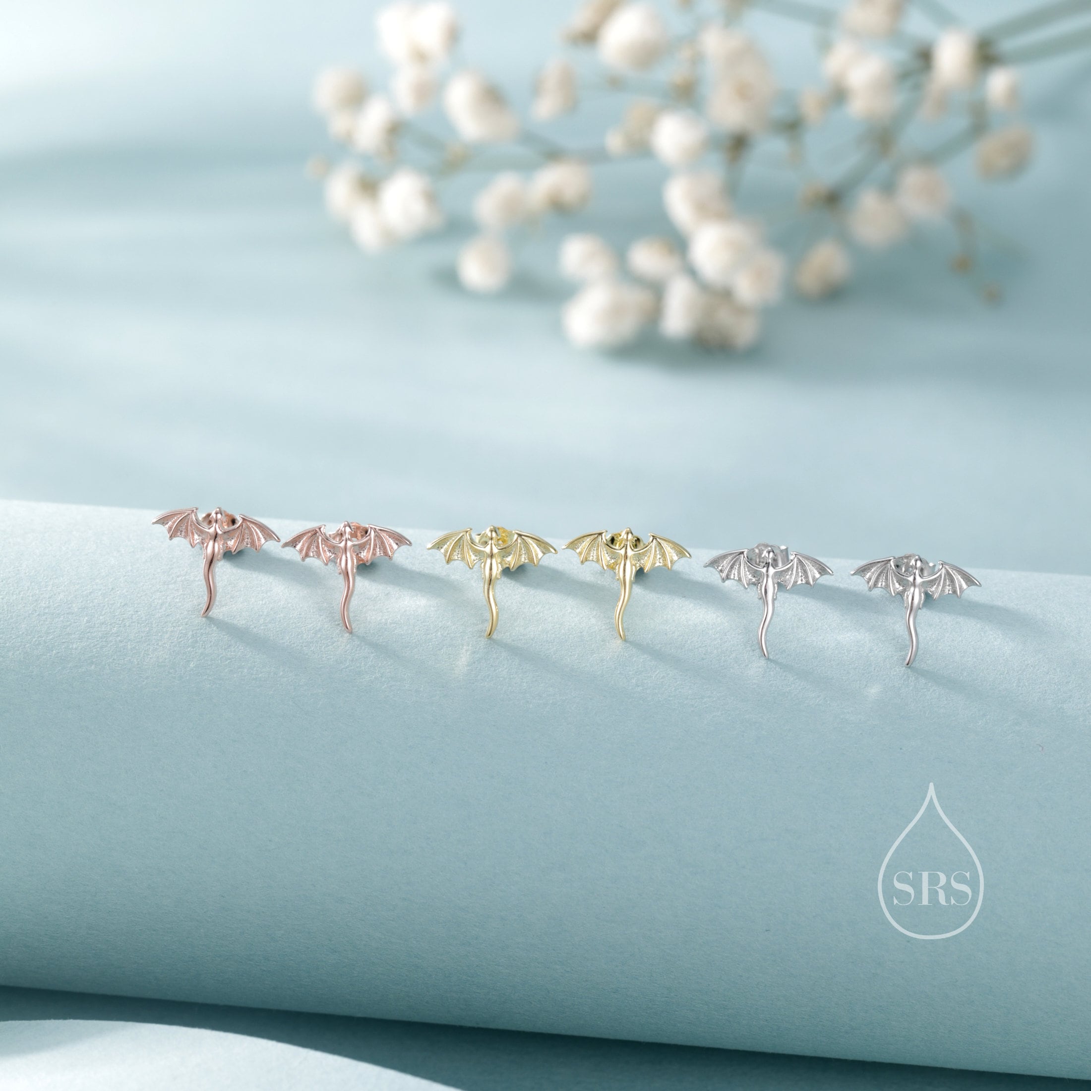 Extra Tiny Dragon  Flat Back/Screw Back/ Stud Earrings in Sterling Silver, Silver or Gold or Rose Gold, Sterling Silver Dragon Earrings