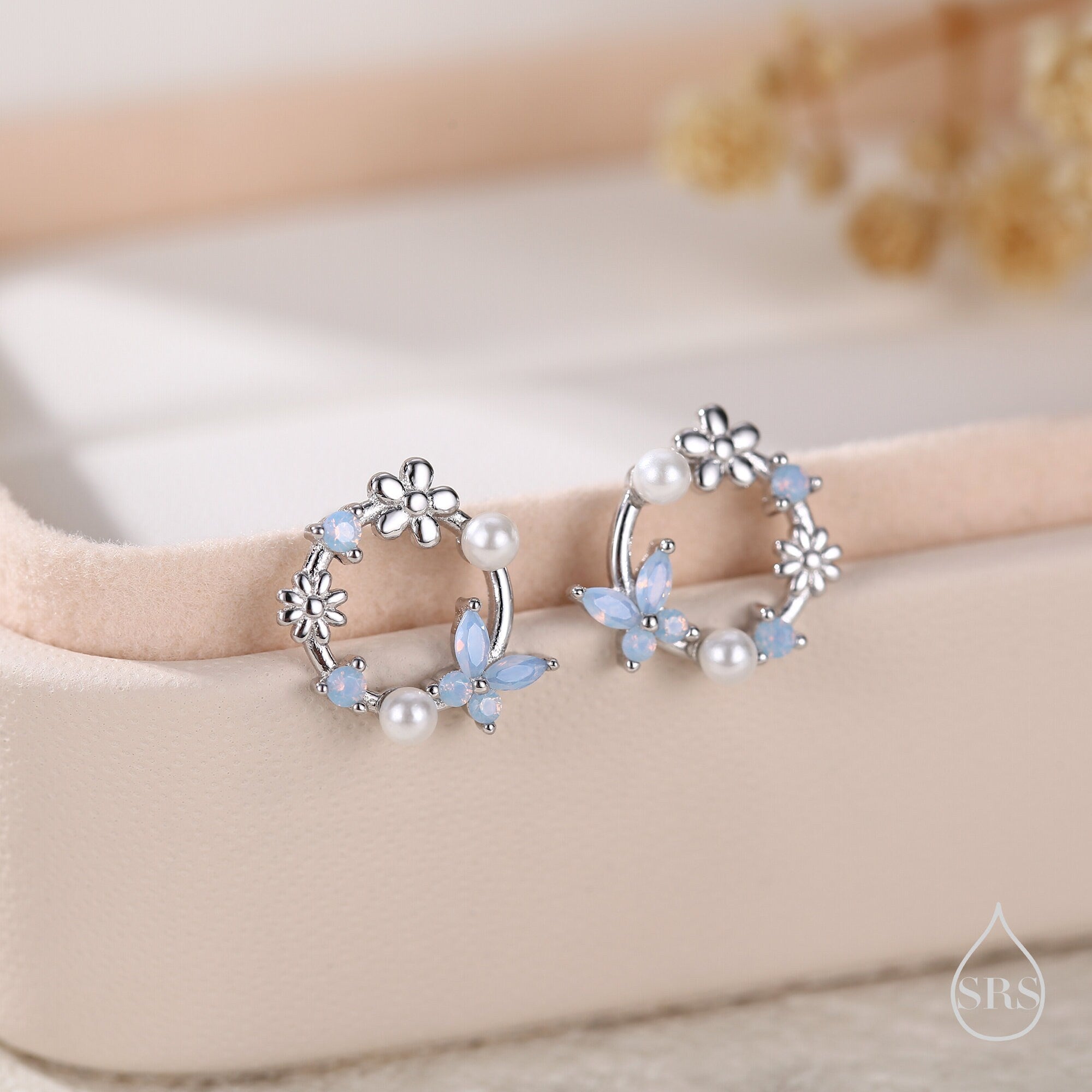 Sterling Silver Tiny Flower Wreath Stud Earrings - Opal Blue - Silver or Gold or Rose Gold, CZ Circle Flower and Butterfly Stud Earrings