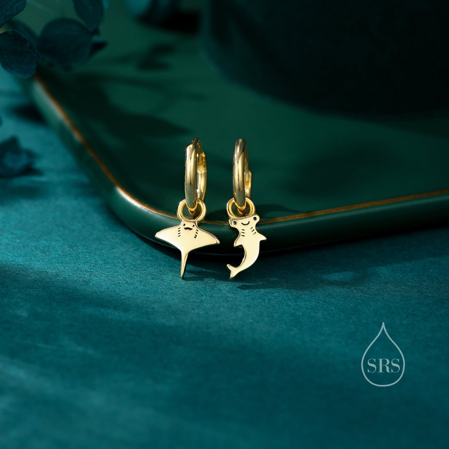 Mismatched Kawaii Hammerhead Shark and Manta Ray Stud Earrings in Sterling Silver, Silver or Gold or Rose Gold,  Asymmetric Fish Earrings, Bundle Available