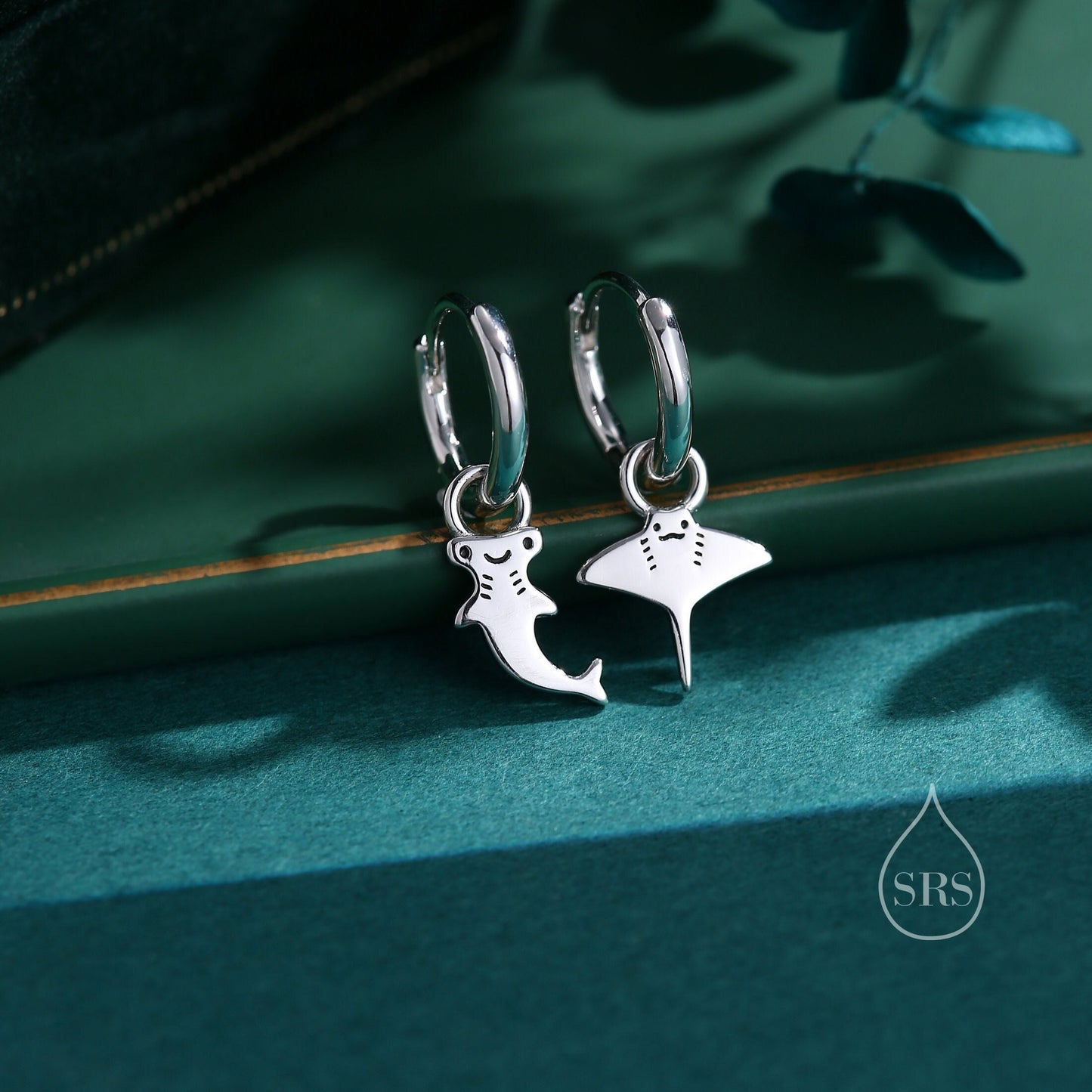 Mismatched Kawaii Hammerhead Shark and Manta Ray Stud Earrings in Sterling Silver, Silver or Gold or Rose Gold,  Asymmetric Fish Earrings, Bundle Available