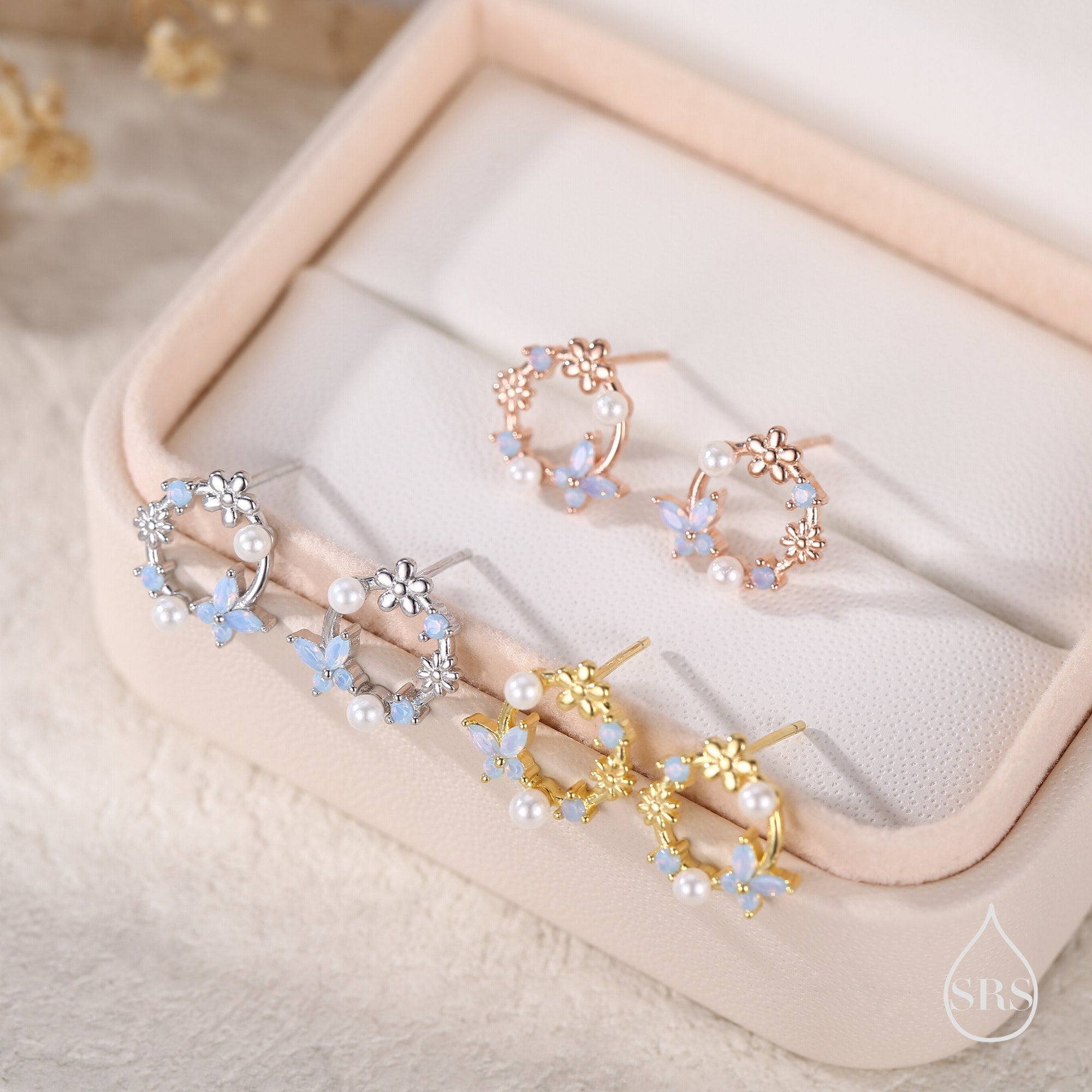 Sterling Silver Tiny Flower Wreath Stud Earrings - Opal Blue - Silver or Gold or Rose Gold, CZ Circle Flower and Butterfly Stud Earrings