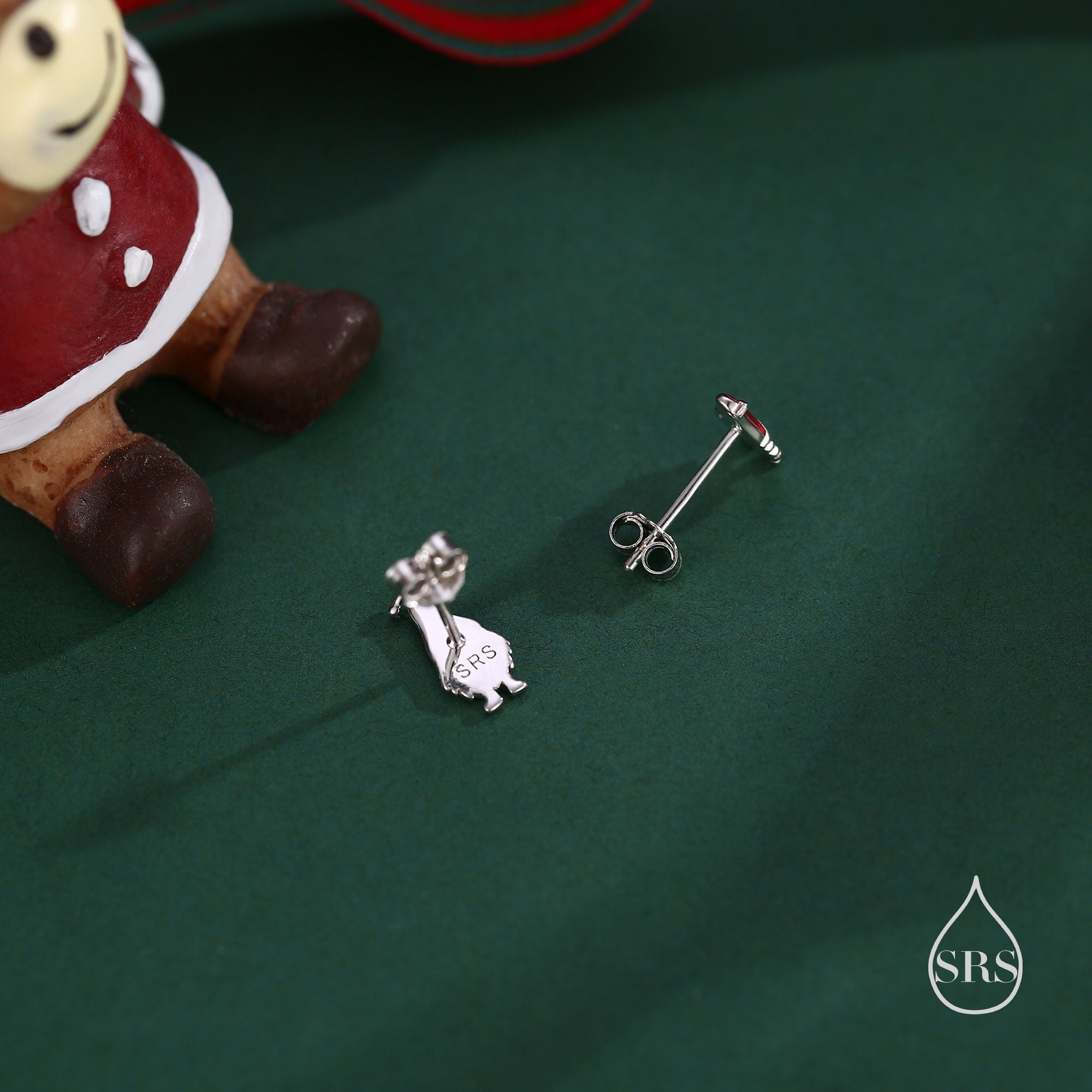 Mismatched Gnome and Mushroom Stud Earrings in Sterling Silver with Hand Painted Enamel, Winter Earrings, Christmas Earrings