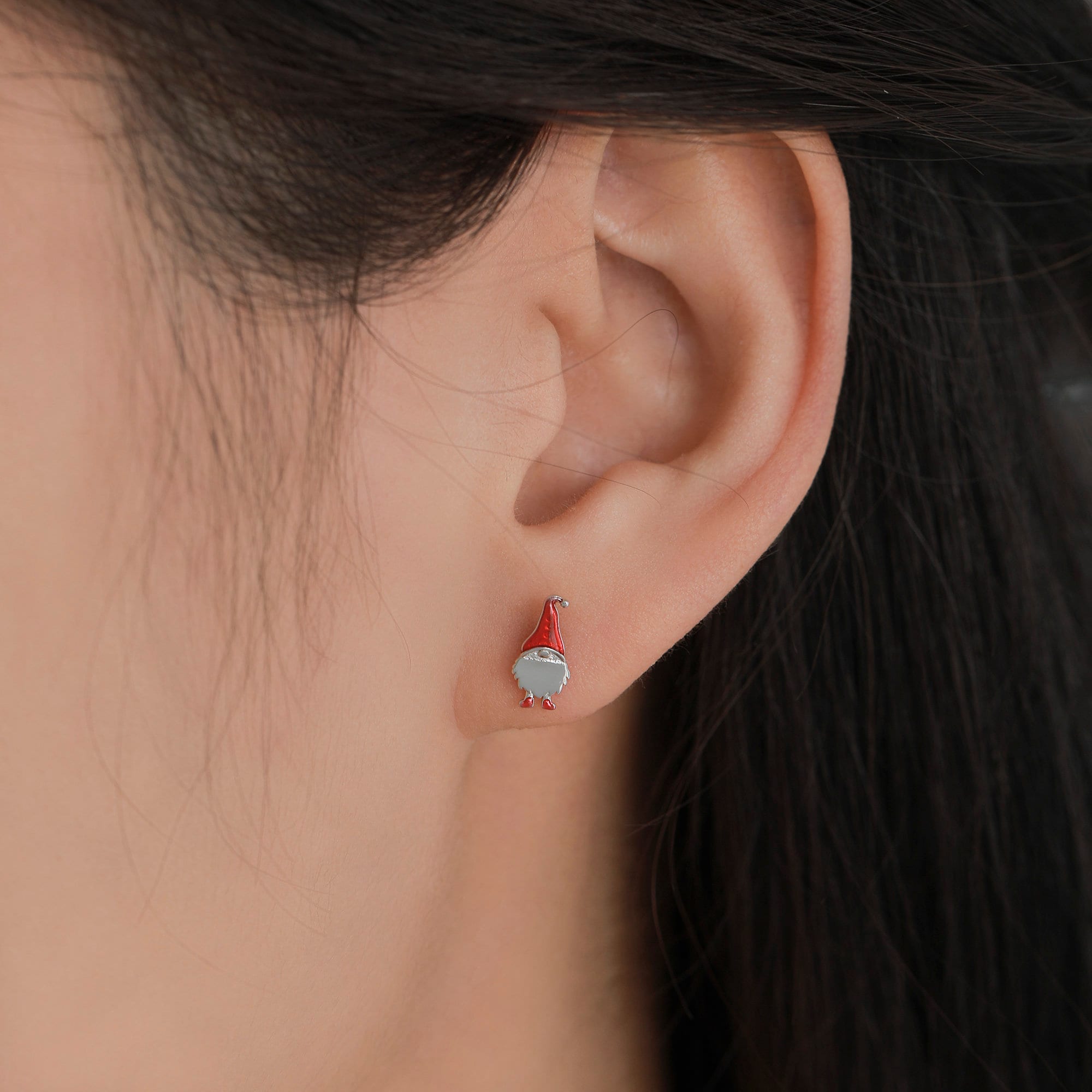 Mismatched Gnome and Mushroom Stud Earrings in Sterling Silver with Hand Painted Enamel, Winter Earrings, Christmas Earrings