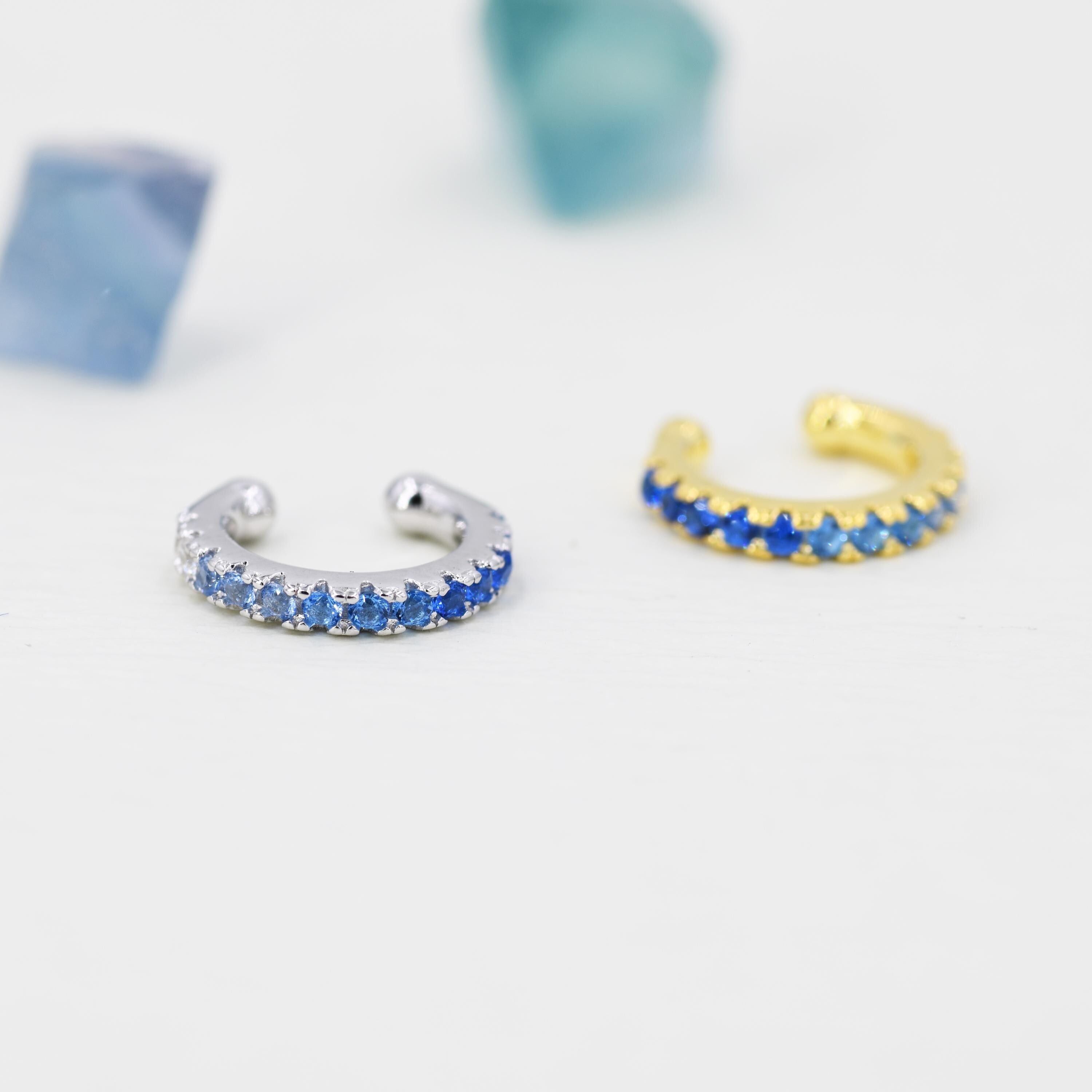 Sapphire Blue Ombre CZ Ear Cuff in Sterling Silver, Silver or Gold, Simple Piercing Free Earrings, Minimalist Ear Cuff, Blue CZ Ear Cuff