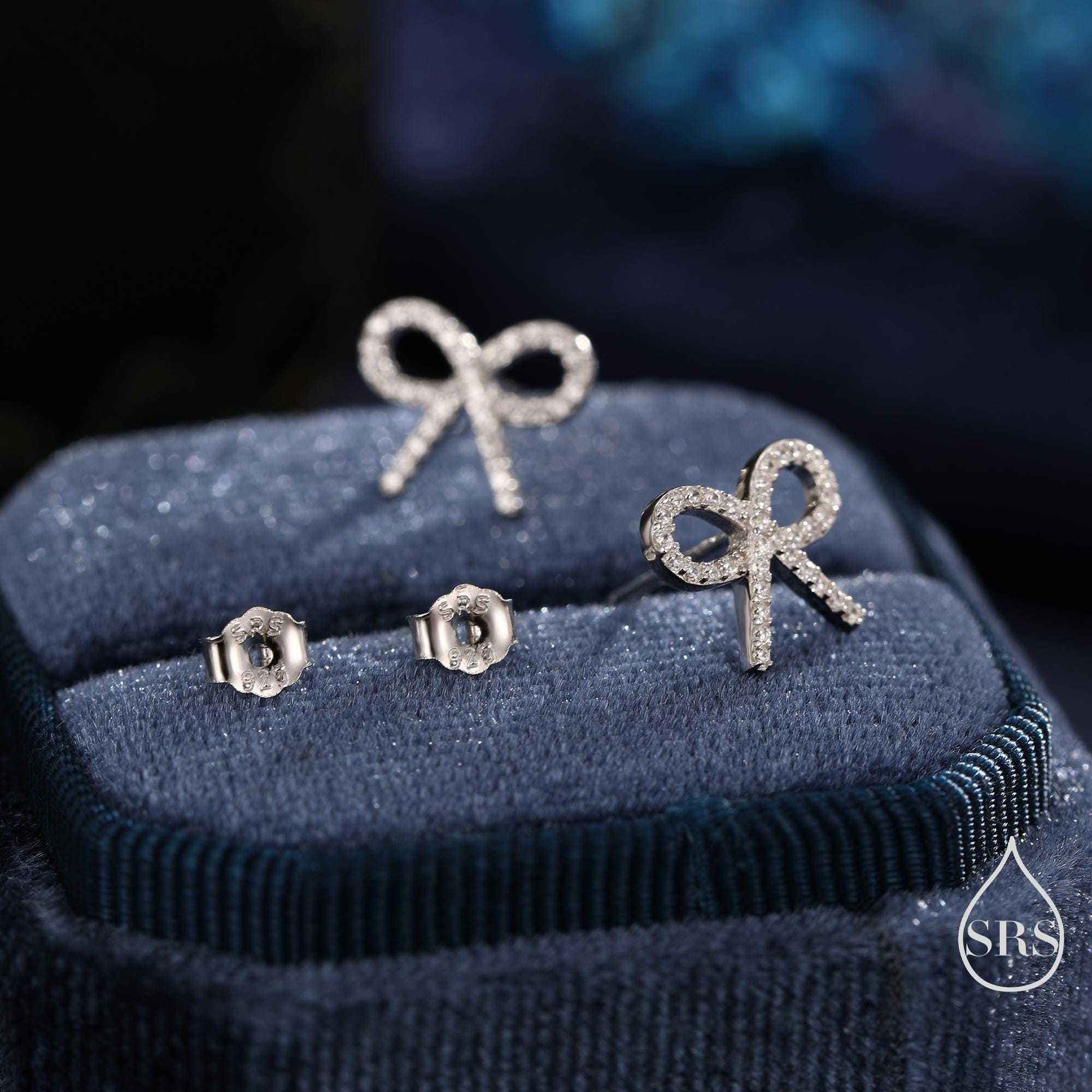 CZ Ribbon Bow Stud Earrings in Sterling Silver, Silver or Gold or Rose Gold, Dainty Earrings, Bridesmaid's Jewellery