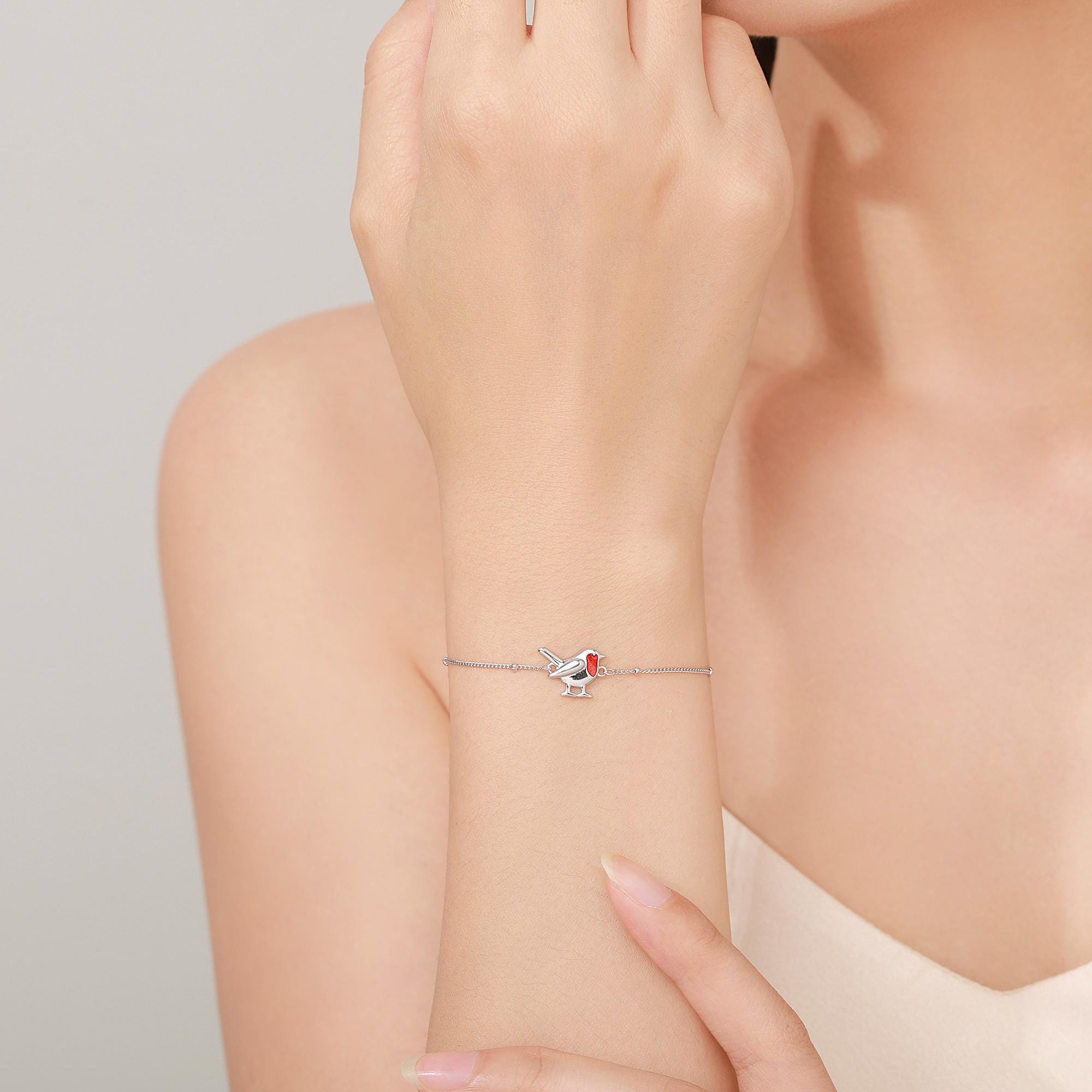 Delicate Robin Bird Bracelet in Sterling Silver with a Satellite Chain, Nature Inspired Bird Jewellery, Minimalist, Simple and Tiny