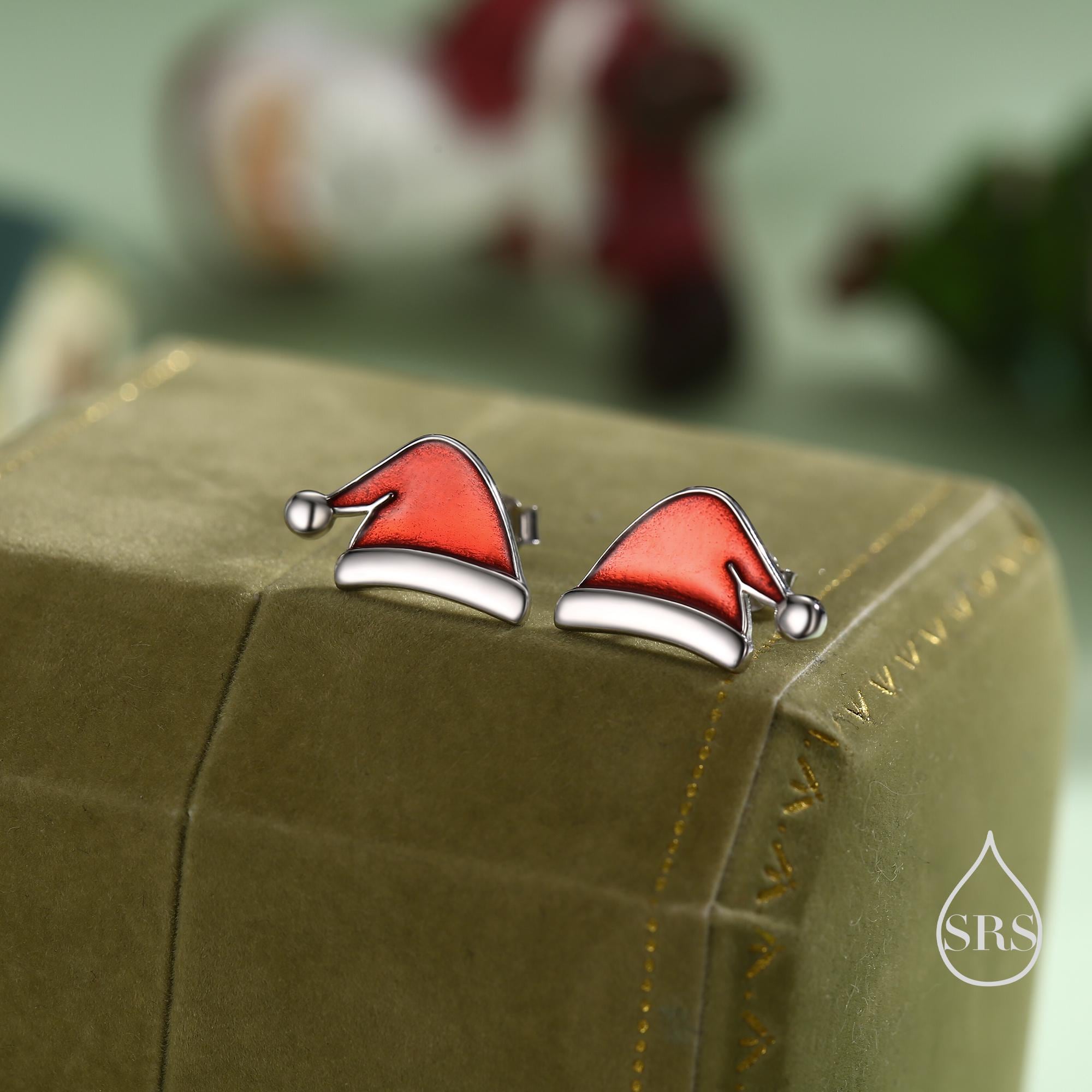 Enamel Christmas Hat Stud Earrings in Sterling Silver, Red Enamel Christmas Earrings, Perfect Christmas Gift