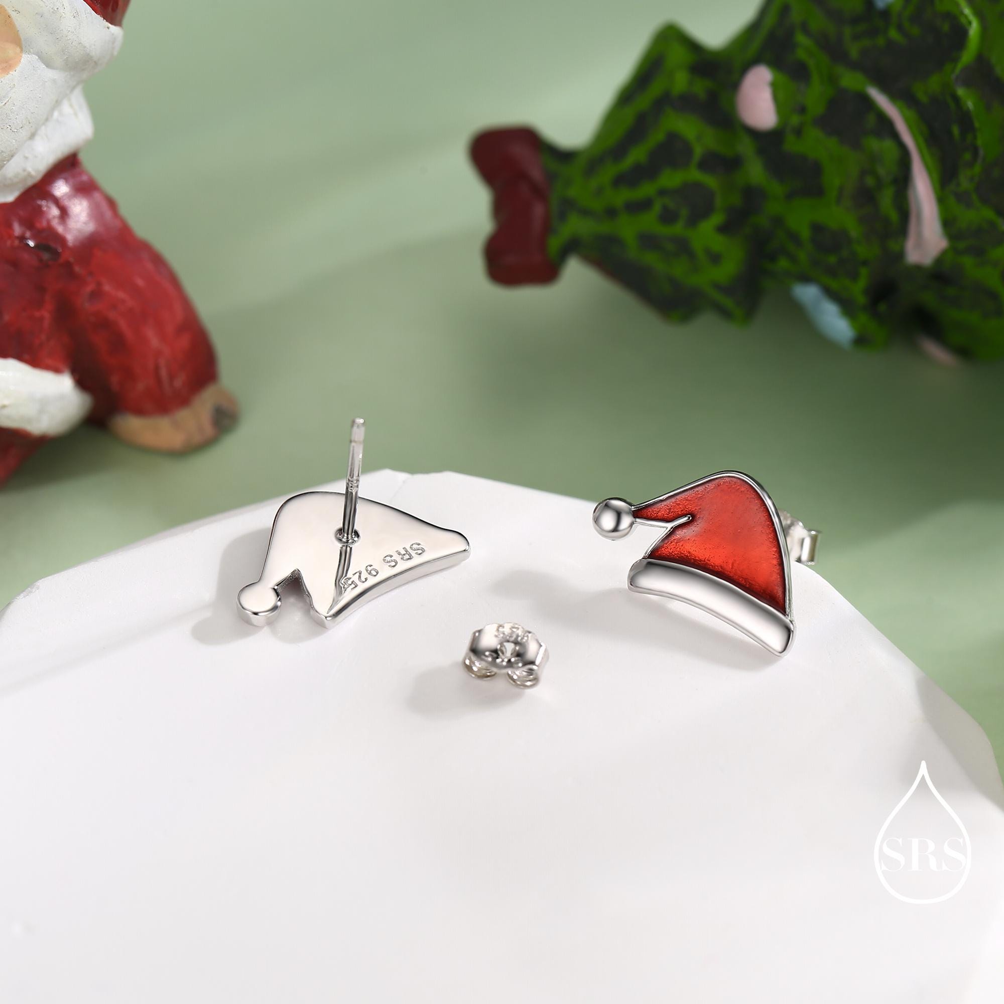 Enamel Christmas Hat Stud Earrings in Sterling Silver, Red Enamel Christmas Earrings, Perfect Christmas Gift
