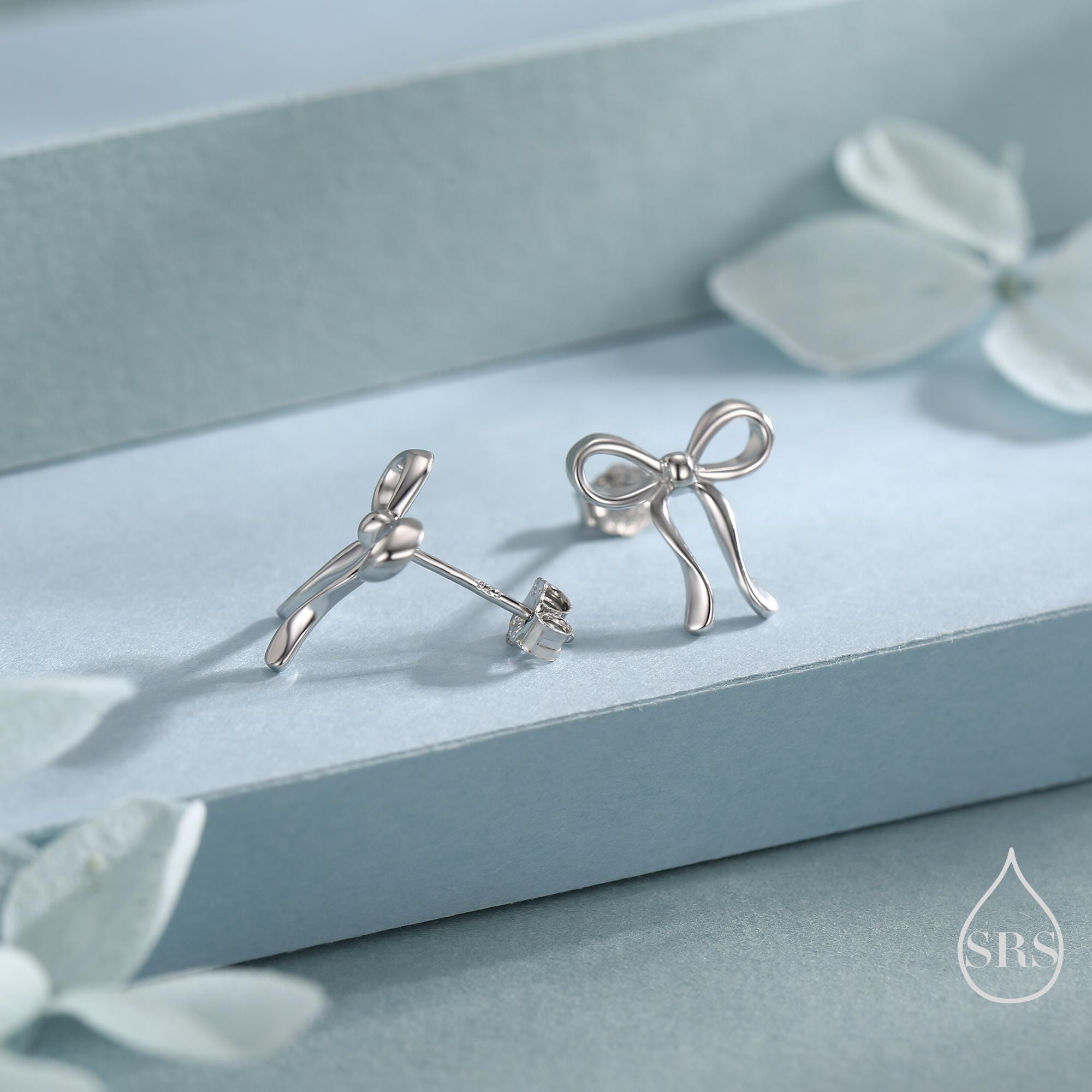 Ribbon Bow Stud Earrings in Sterling Silver, Available in Silver, Gold or Rose Gold, Ribbon Earrings, Ribbon Bow Earrings