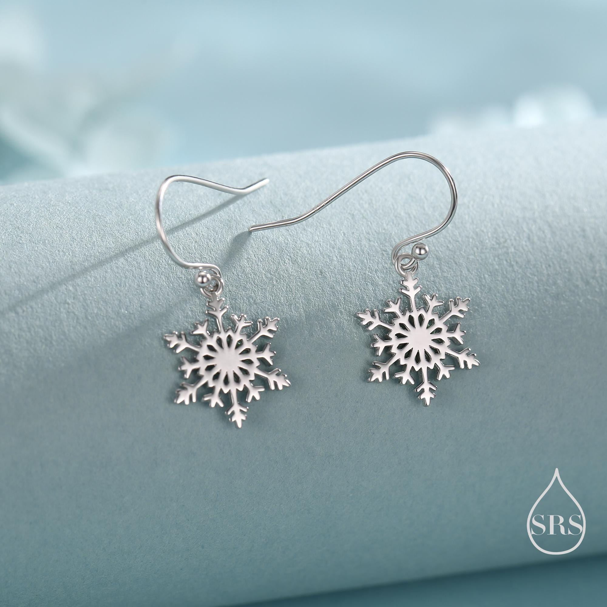 Snowflake Drop Hook Earrings in Sterling Silver, Silver, Gold or Rose Gold, Pretty Snowflake Earrings, Snow Earrings, Christmas Earrings