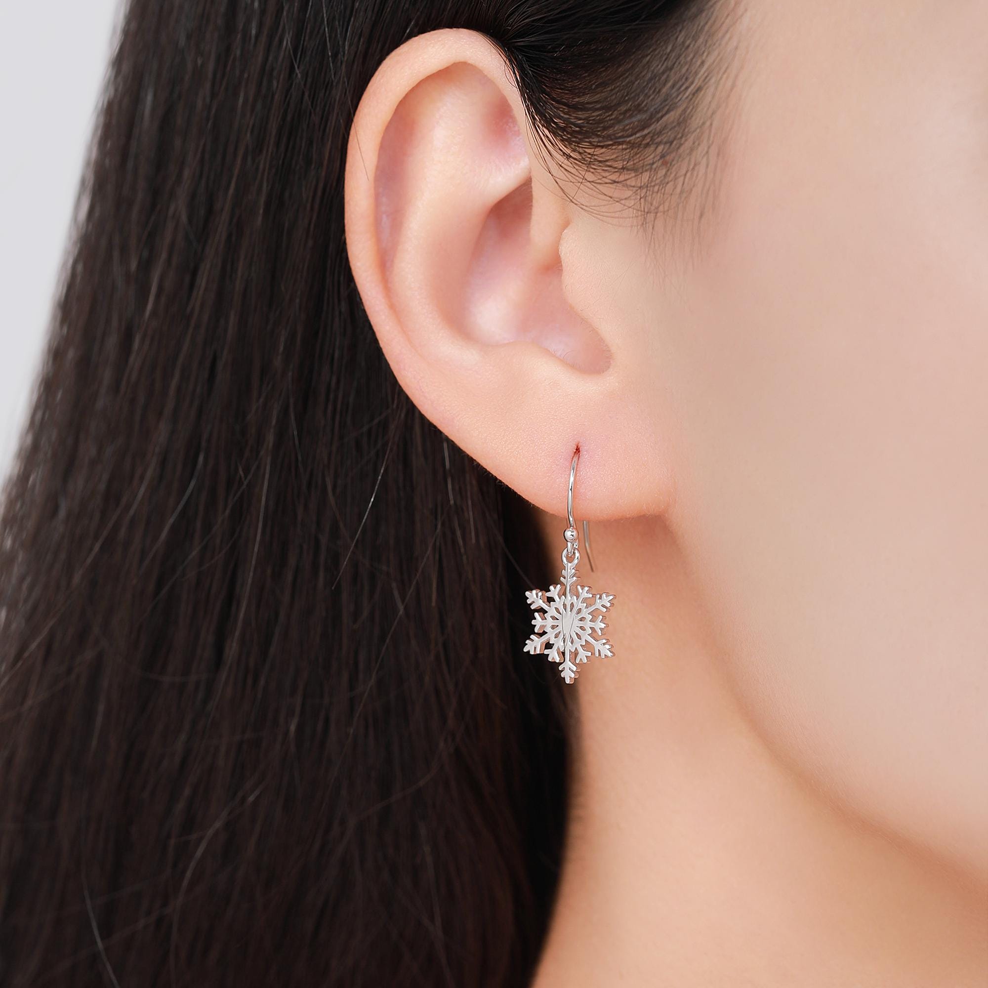 Snowflake Drop Hook Earrings in Sterling Silver, Silver, Gold or Rose Gold, Pretty Snowflake Earrings, Snow Earrings, Christmas Earrings