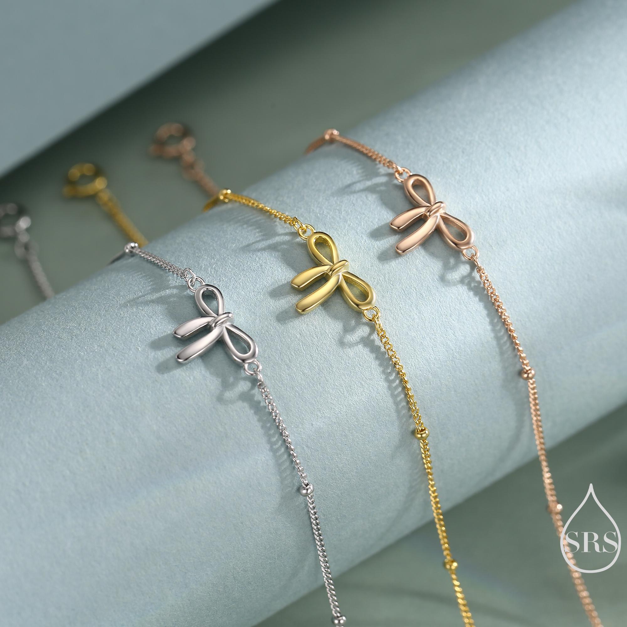 Ribbon Bow Bracelet in Sterling Silver, Silver or Gold or Rose gold, Satellite Bracelet, Solid Silver Bow Bracelet