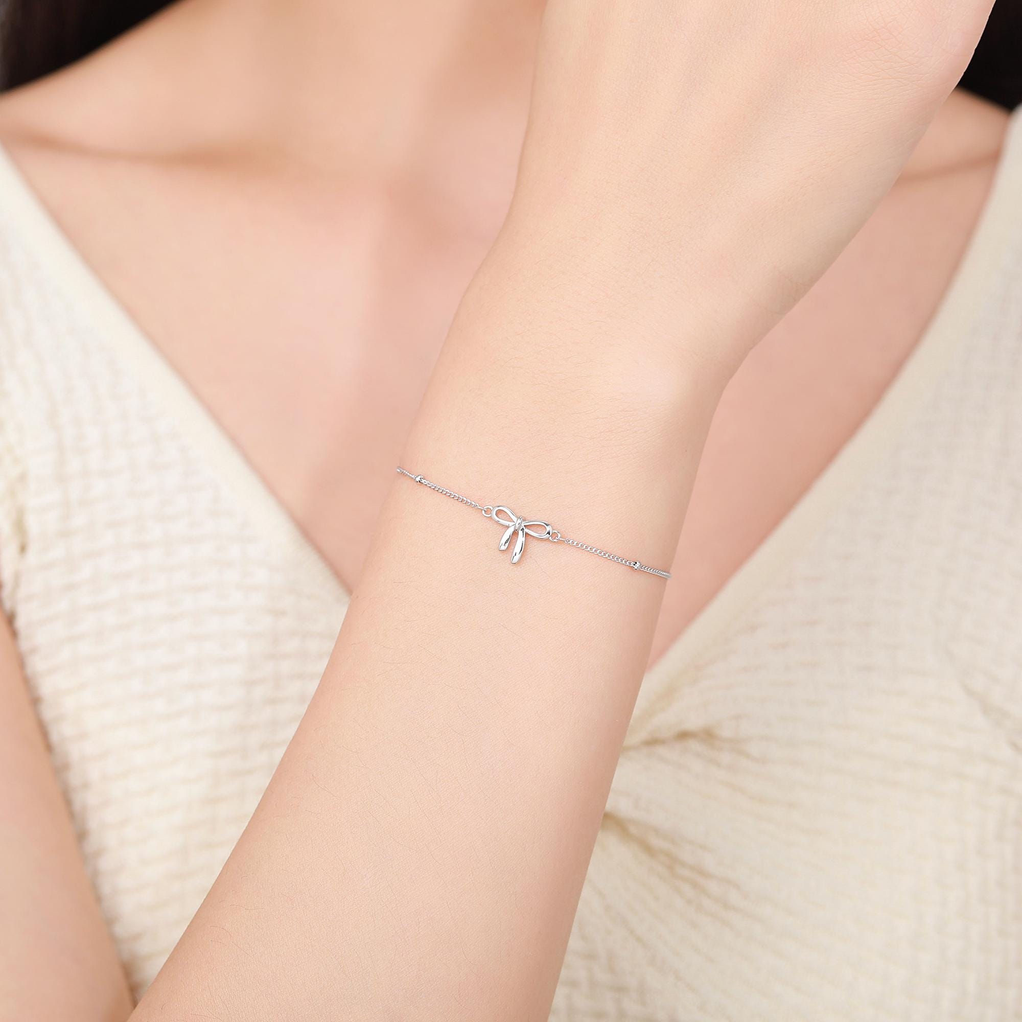 Ribbon Bow Bracelet in Sterling Silver, Silver or Gold or Rose gold, Satellite Bracelet, Solid Silver Bow Bracelet