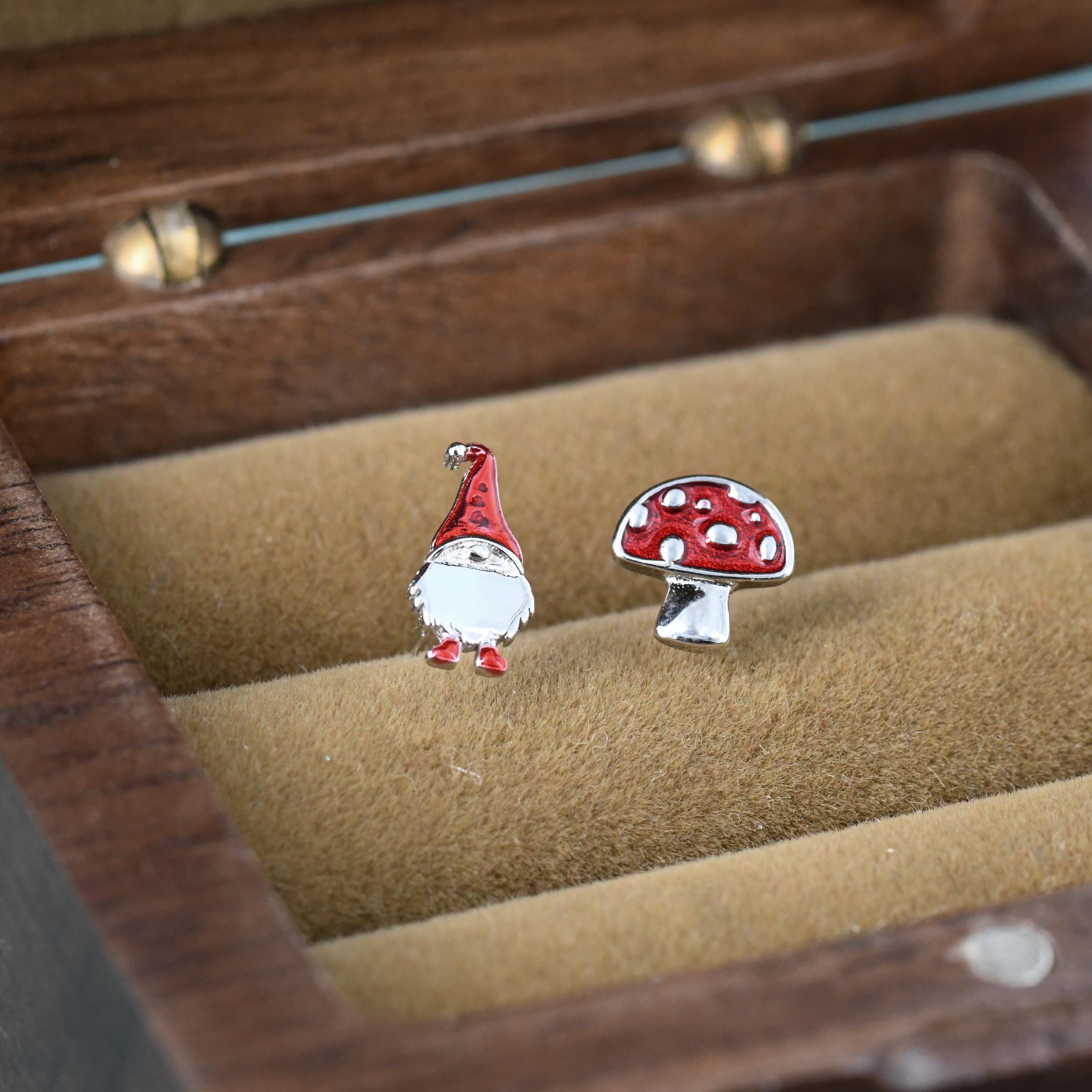 Mismatched Gnome and Mushroom Stud Earrings in Sterling Silver with Hand Painted Enamel, Winter Earrings, Christmas Earrings