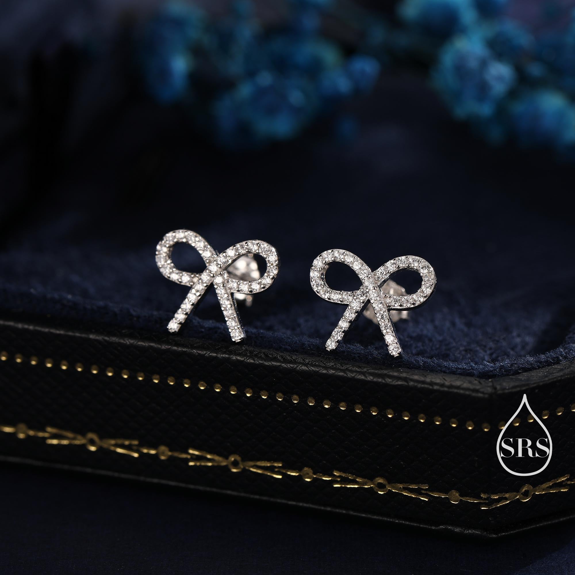 CZ Ribbon Bow Stud Earrings in Sterling Silver, Silver or Gold or Rose Gold, Dainty Earrings, Bridesmaid's Jewellery