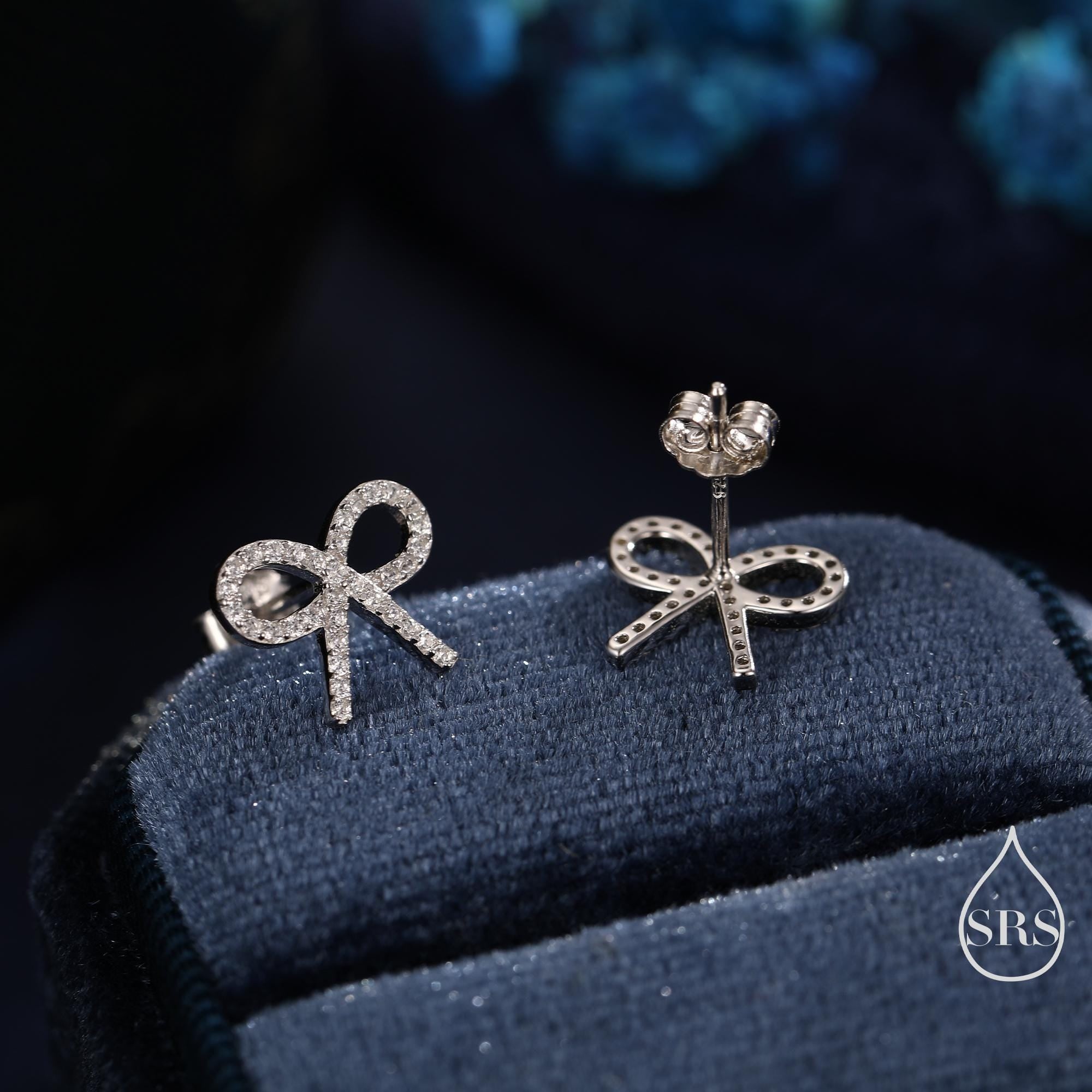 CZ Ribbon Bow Stud Earrings in Sterling Silver, Silver or Gold or Rose Gold, Dainty Earrings, Bridesmaid's Jewellery