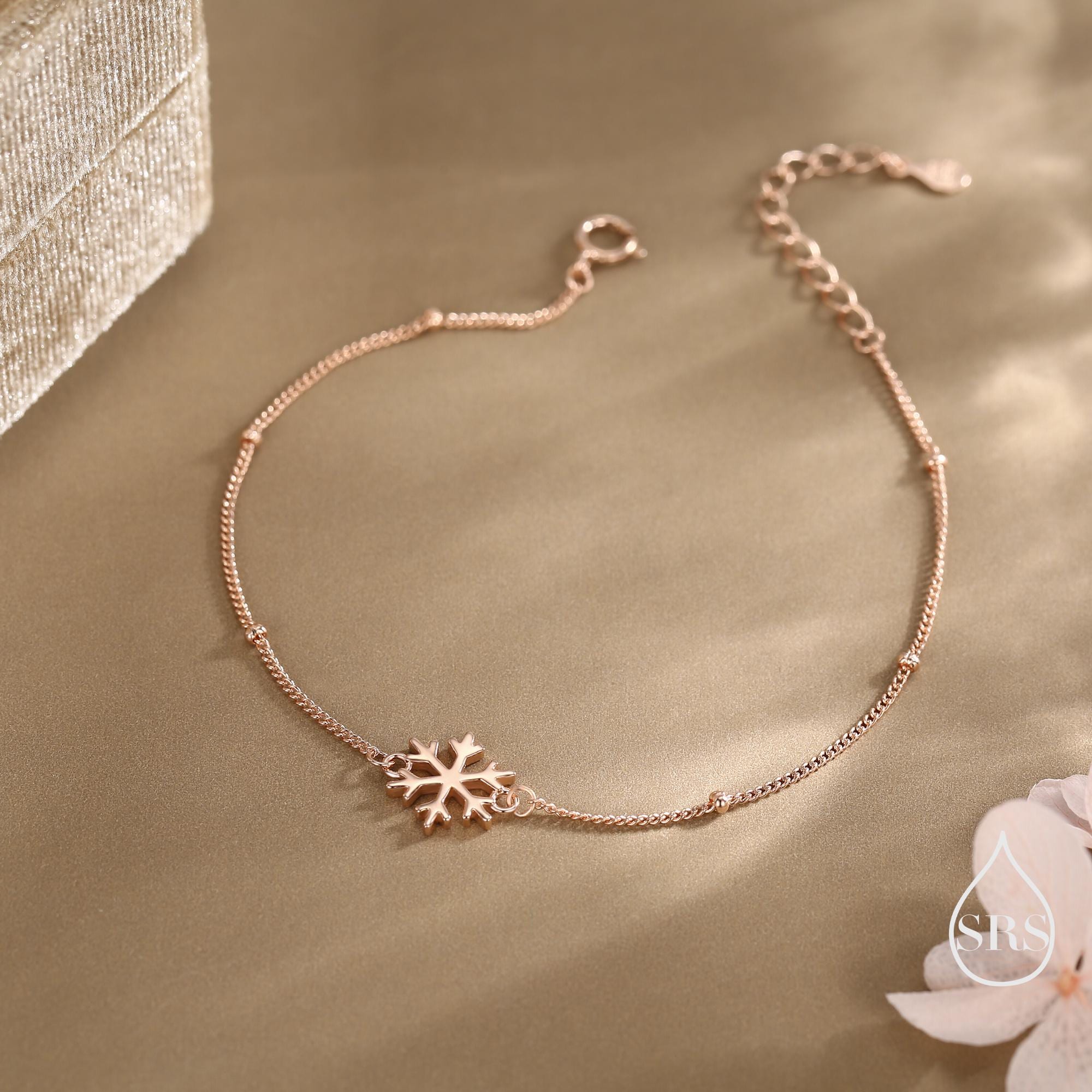 Sterling Silver Snowflake Bracelet, Silver or Gold or Rose gold, Snowflake Charm Bracelet, Extra Delicate and Dainty