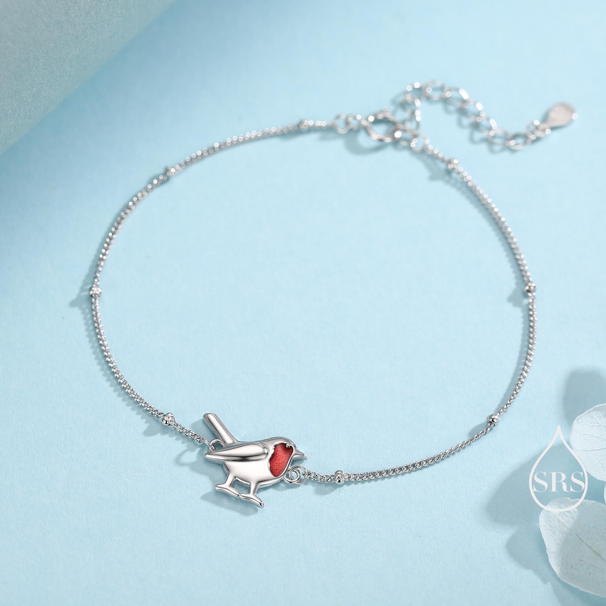 Delicate Robin Bird Bracelet in Sterling Silver with a Satellite Chain, Nature Inspired Bird Jewellery, Minimalist, Simple and Tiny