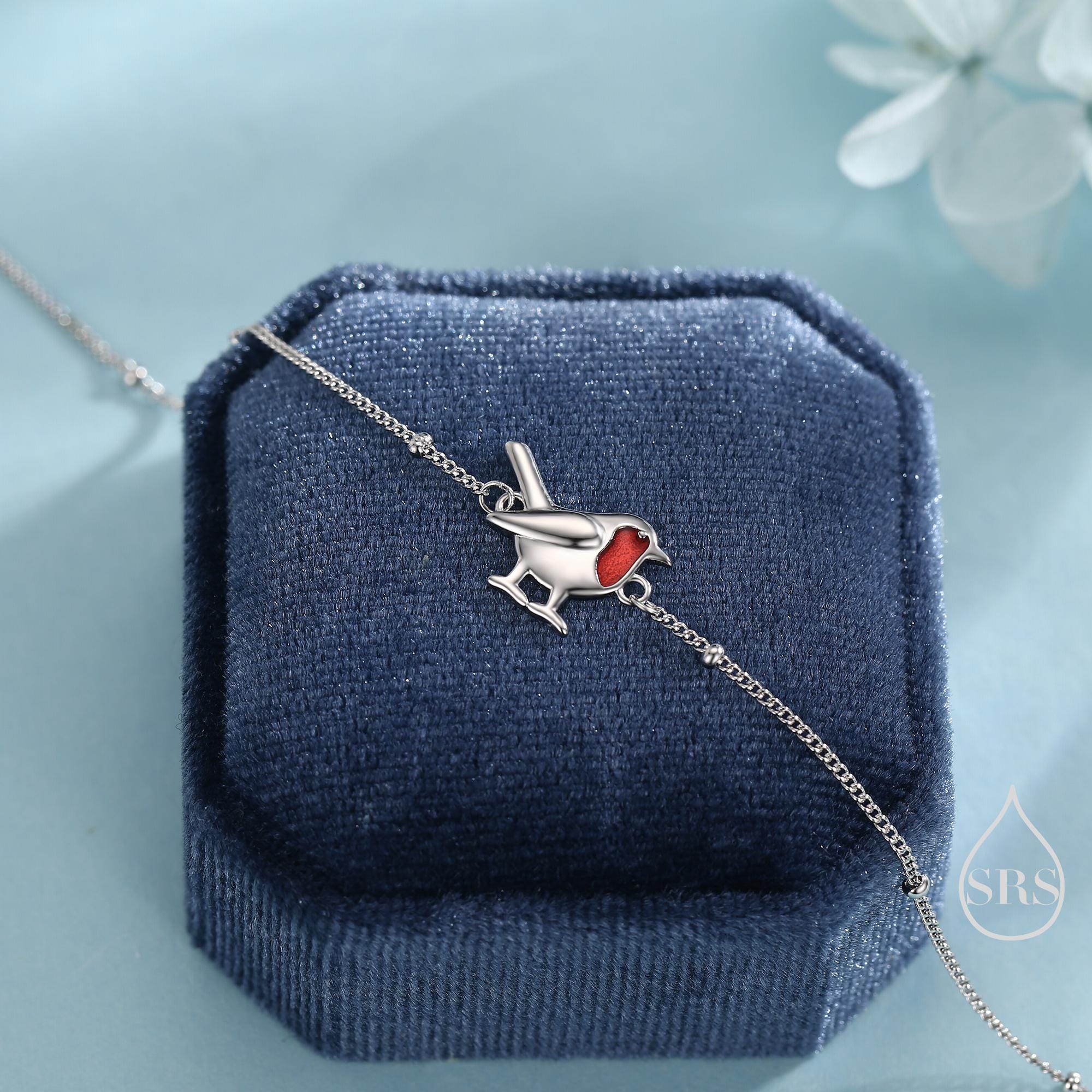 Delicate Robin Bird Bracelet in Sterling Silver with a Satellite Chain, Nature Inspired Bird Jewellery, Minimalist, Simple and Tiny
