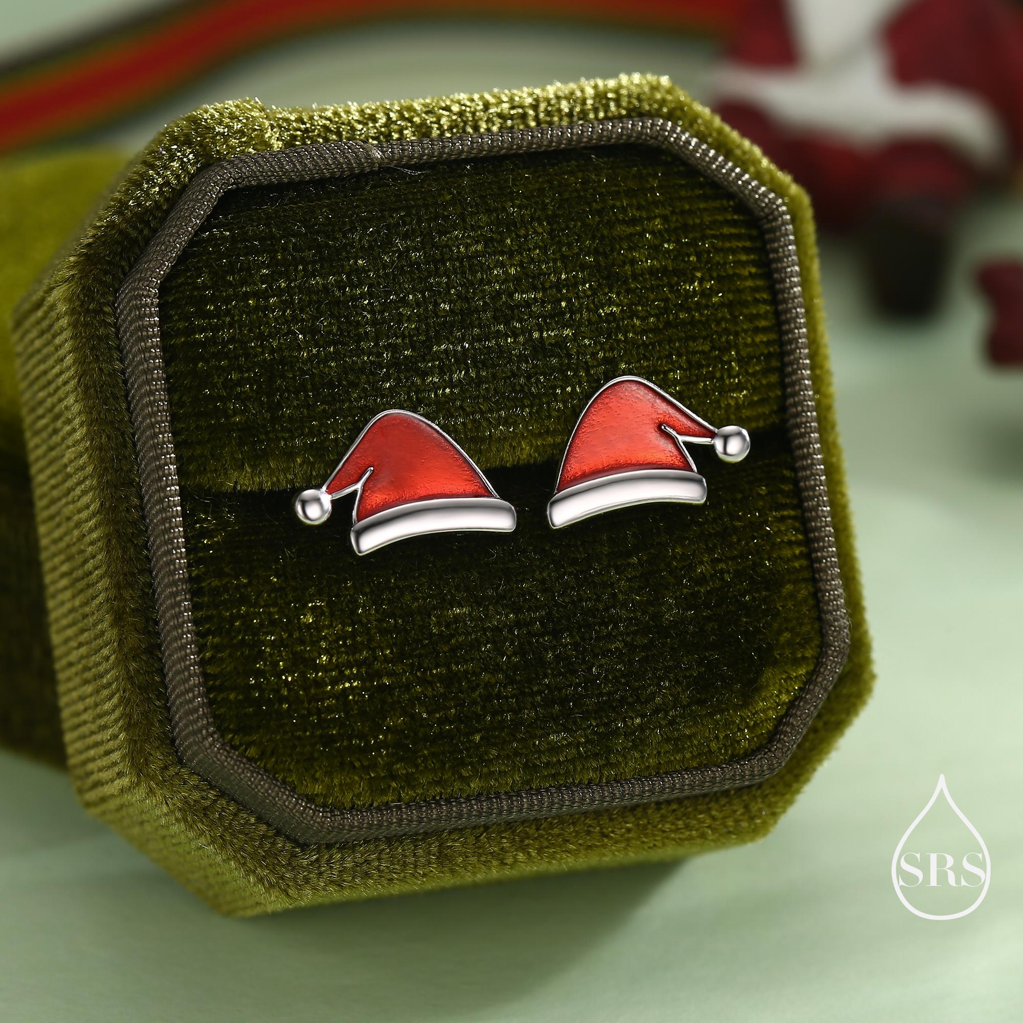 Enamel Christmas Hat Stud Earrings in Sterling Silver, Red Enamel Christmas Earrings, Perfect Christmas Gift