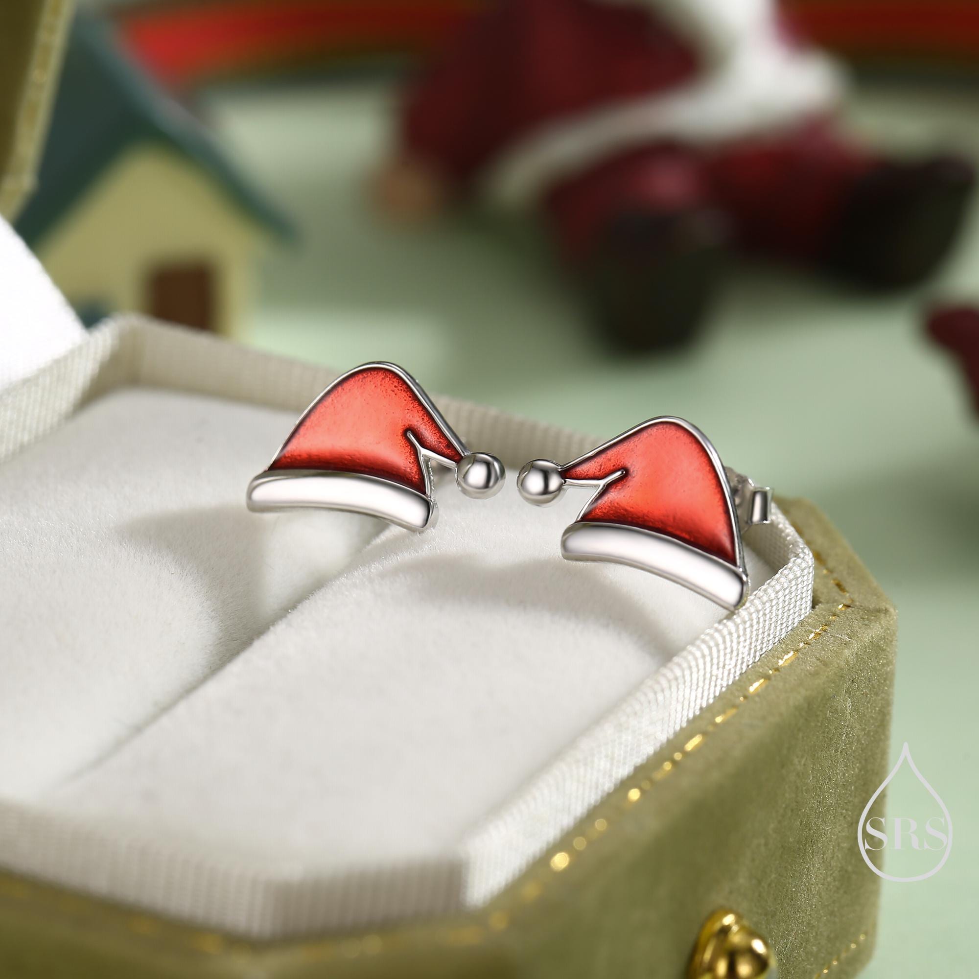 Enamel Christmas Hat Stud Earrings in Sterling Silver, Red Enamel Christmas Earrings, Perfect Christmas Gift