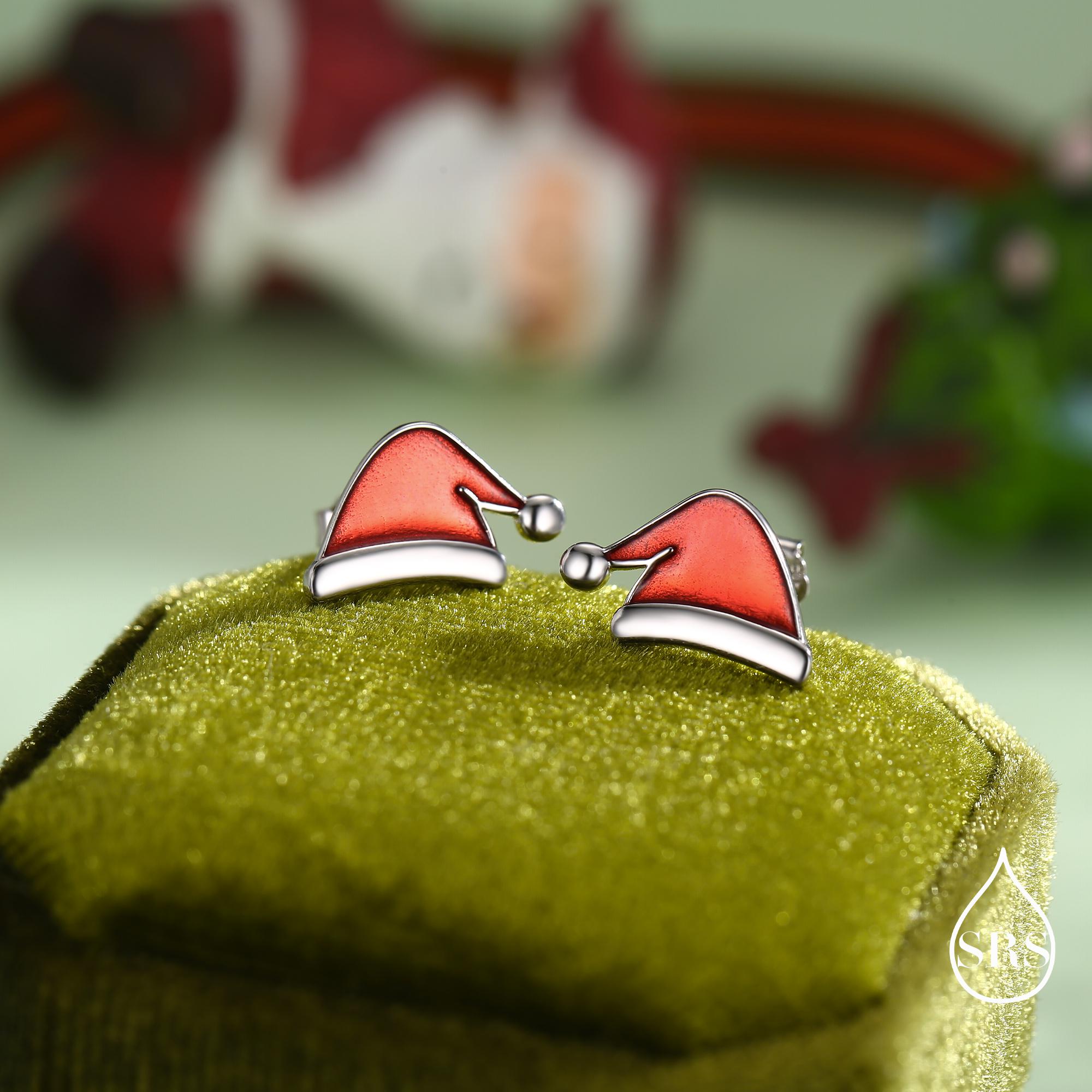 Enamel Christmas Hat Stud Earrings in Sterling Silver, Red Enamel Christmas Earrings, Perfect Christmas Gift