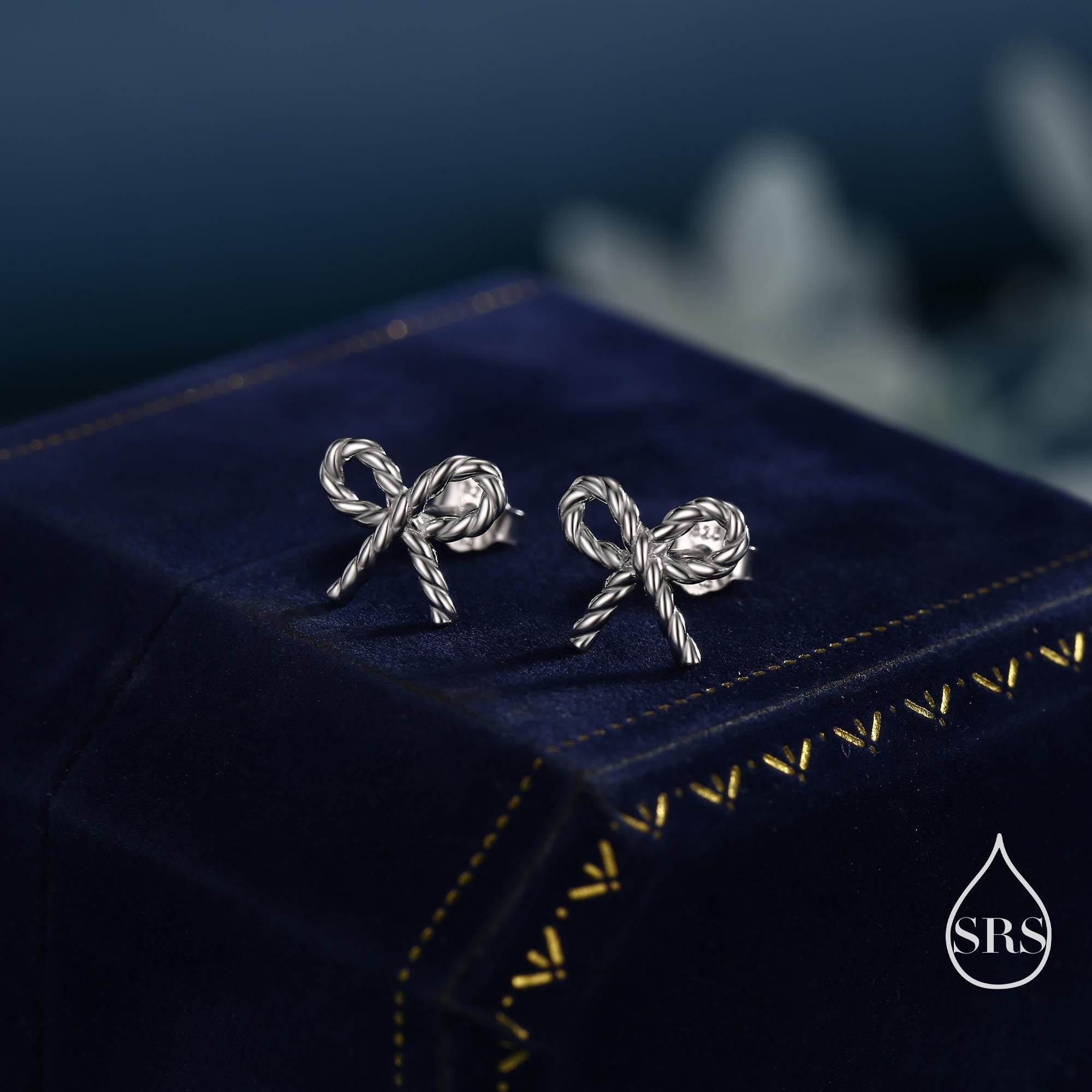Braided Ribbon Bow Stud Earrings in Sterling Silver, Available in Silver, Gold or Rose Gold, Ribbon Earrings, Ribbon Bow Earrings