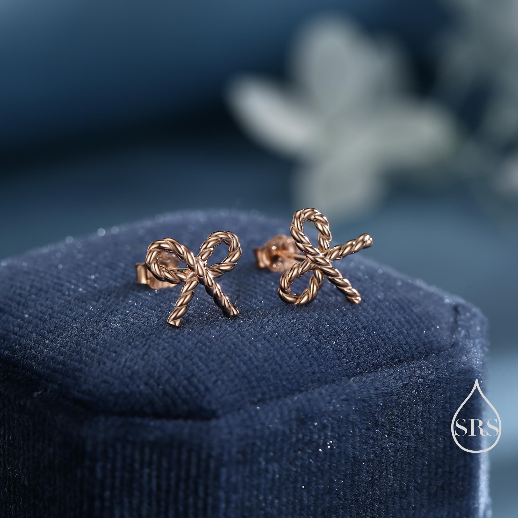 Braided Ribbon Bow Stud Earrings in Sterling Silver, Available in Silver, Gold or Rose Gold, Ribbon Earrings, Ribbon Bow Earrings