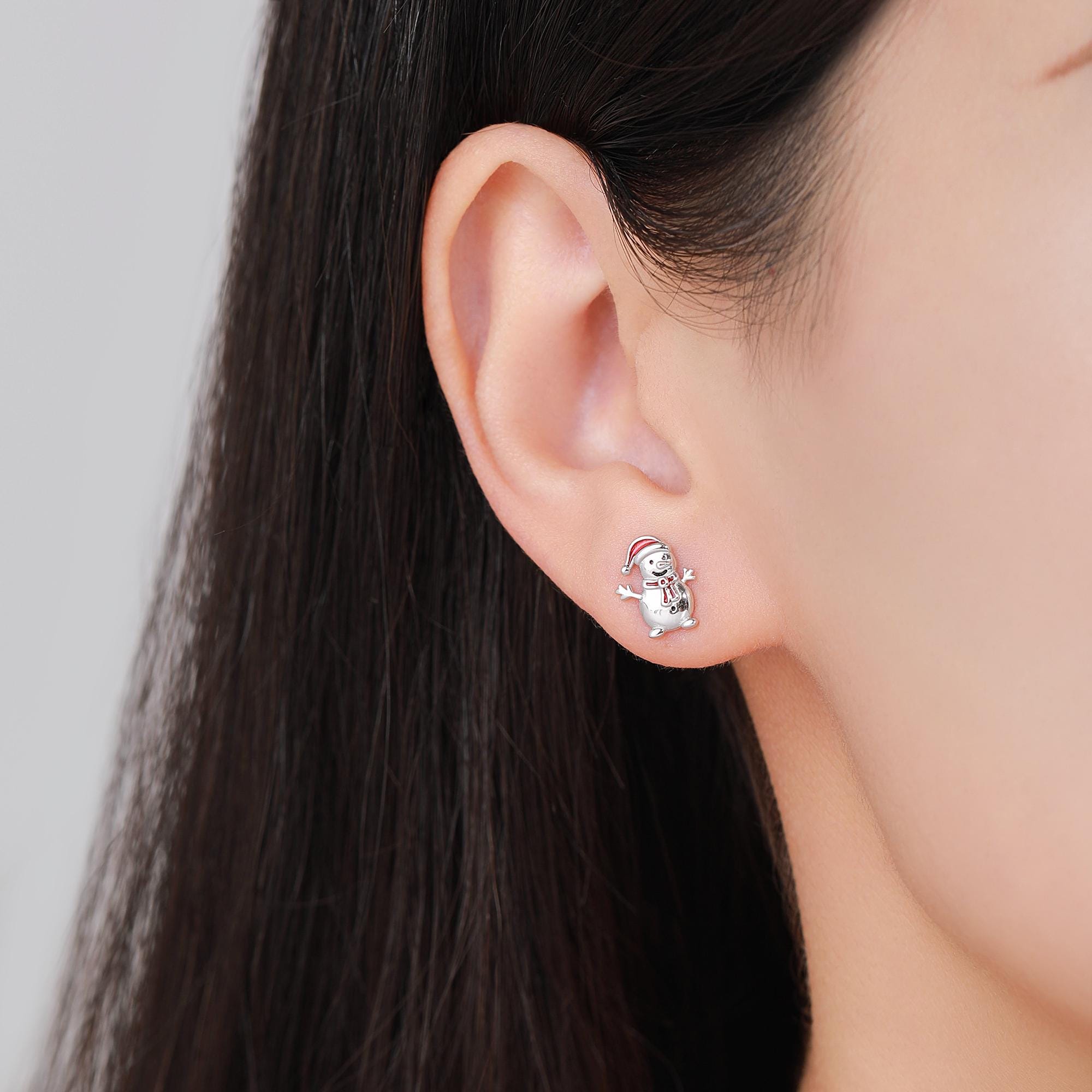 Cute Snowman with Christmas Hat Stud Earrings in Sterling Silver, Winter Earrings, Snowman Earrings, Christmas Earrings