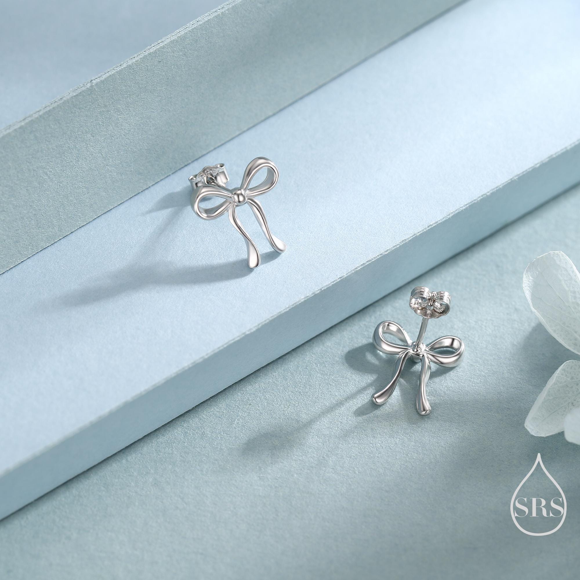 Ribbon Bow Stud Earrings in Sterling Silver, Available in Silver, Gold or Rose Gold, Ribbon Earrings, Ribbon Bow Earrings