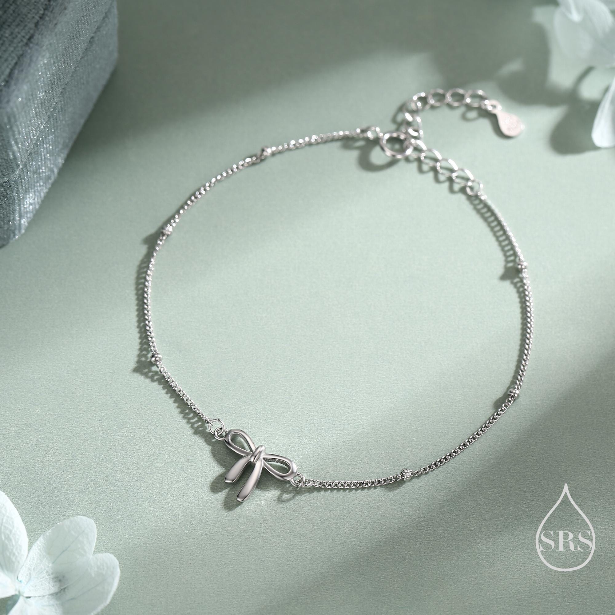 Ribbon Bow Bracelet in Sterling Silver, Silver or Gold or Rose gold, Satellite Bracelet, Solid Silver Bow Bracelet