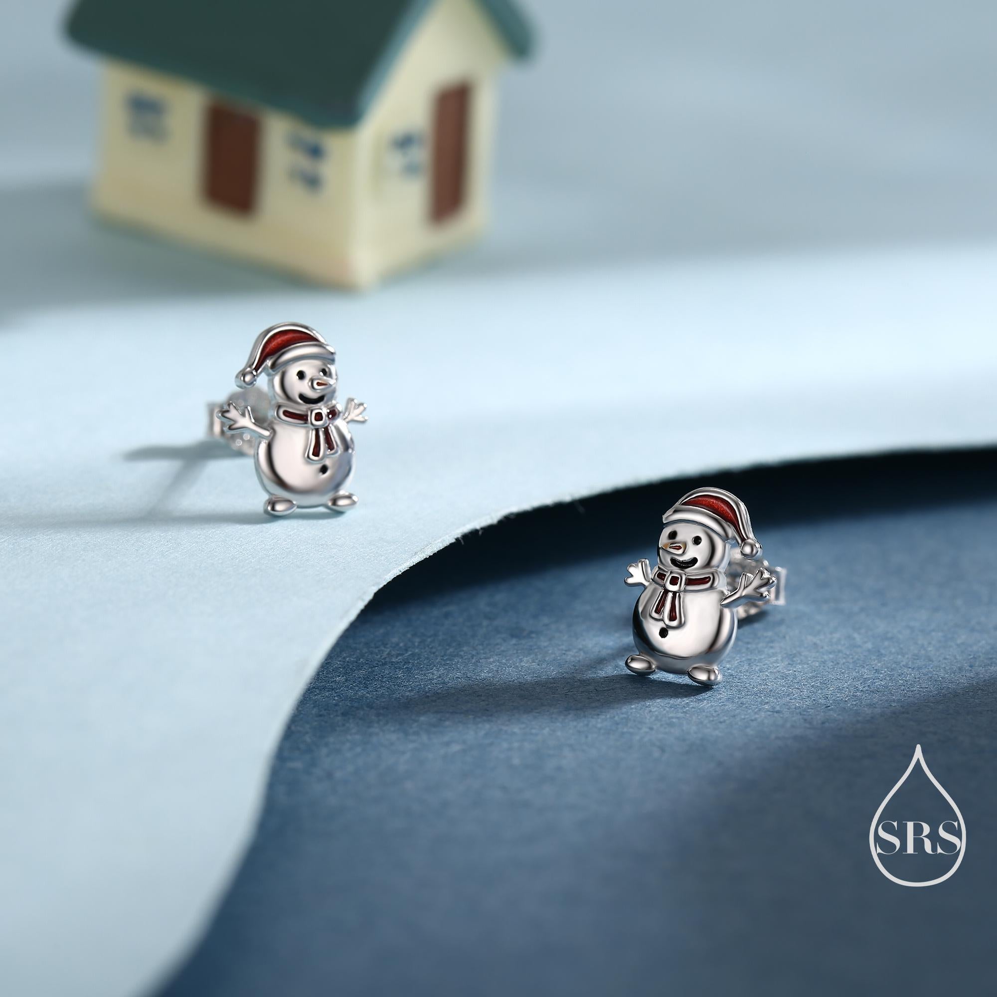 Cute Snowman with Christmas Hat Stud Earrings in Sterling Silver, Winter Earrings, Snowman Earrings, Christmas Earrings