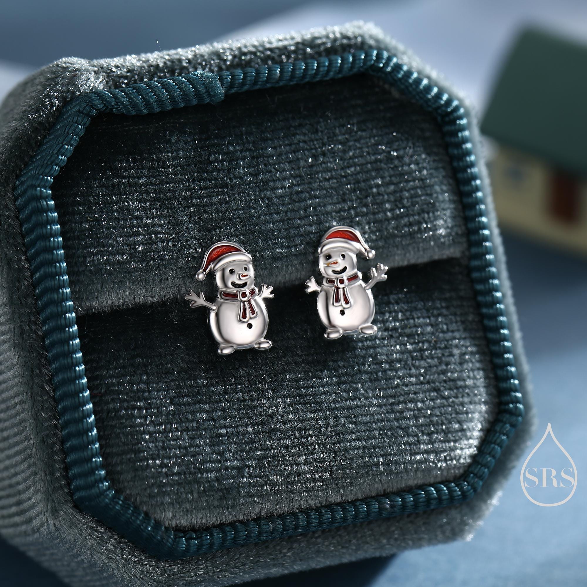 Cute Snowman with Christmas Hat Stud Earrings in Sterling Silver, Winter Earrings, Snowman Earrings, Christmas Earrings