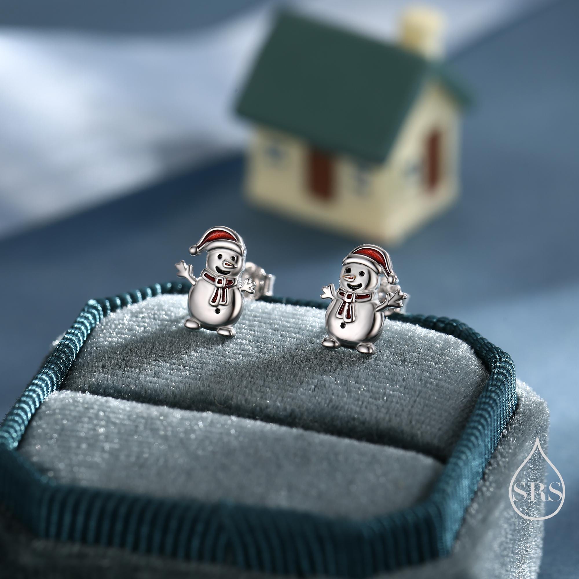 Cute Snowman with Christmas Hat Stud Earrings in Sterling Silver, Winter Earrings, Snowman Earrings, Christmas Earrings